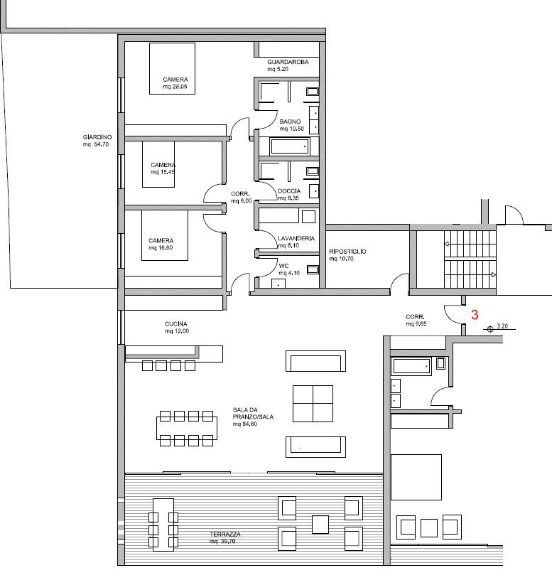 Grundriss einer großzügigen Wohnfläche mit Garten, Terrasse und mehreren Zimmern