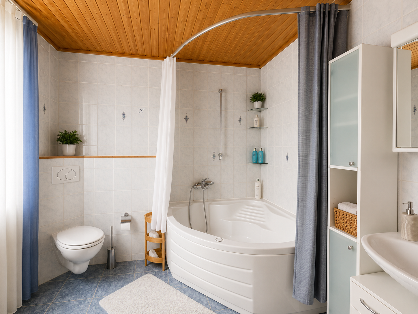 Hell gefliestes Badezimmer mit Eckbadewanne