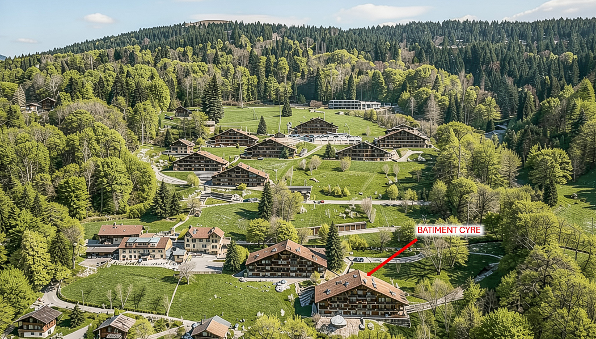 Luftaufnahme eines weitläufigen Chalet-Resorts im Grünen