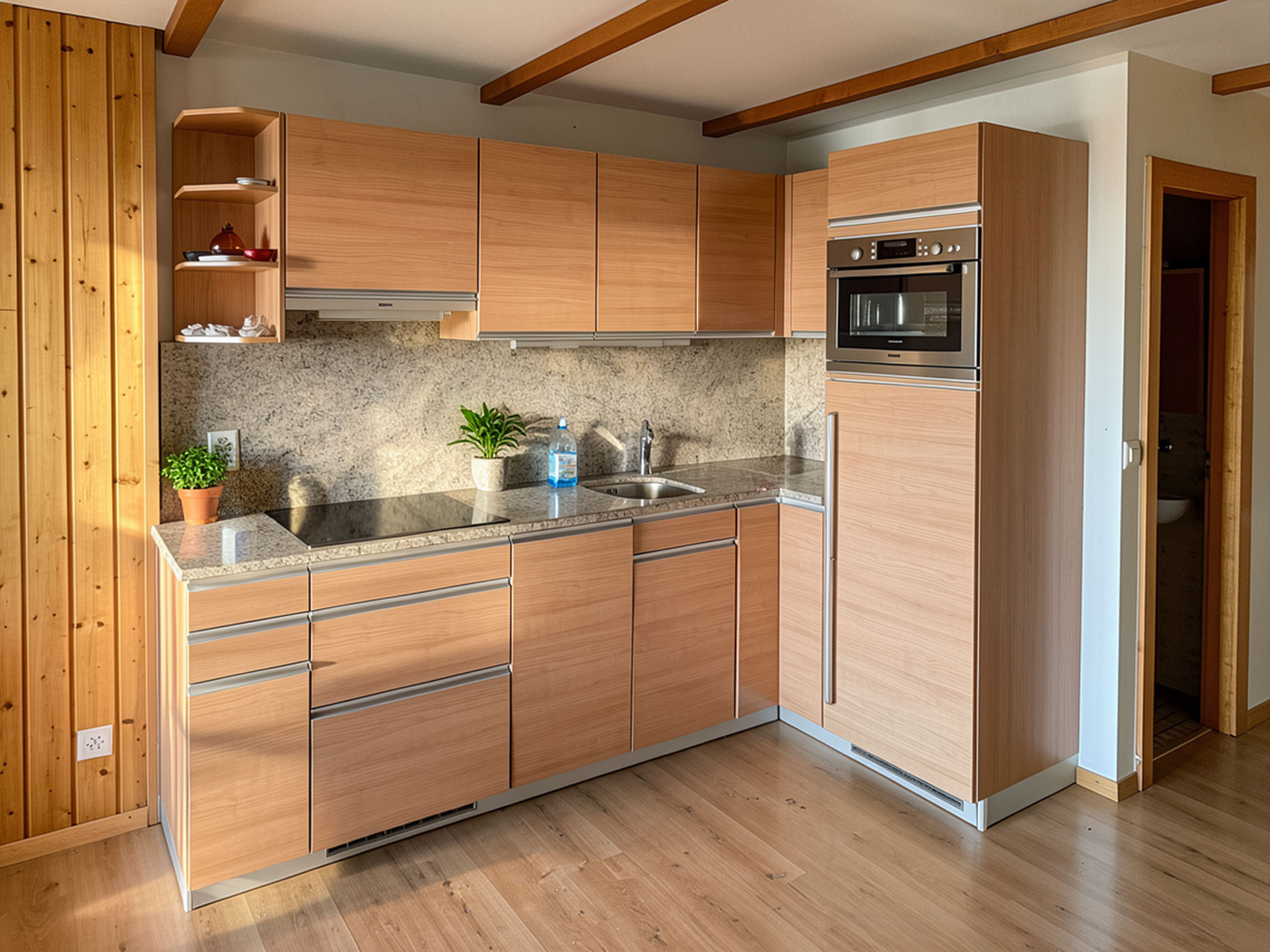 Moderne Holzküche mit Naturstein-Arbeitsplatte