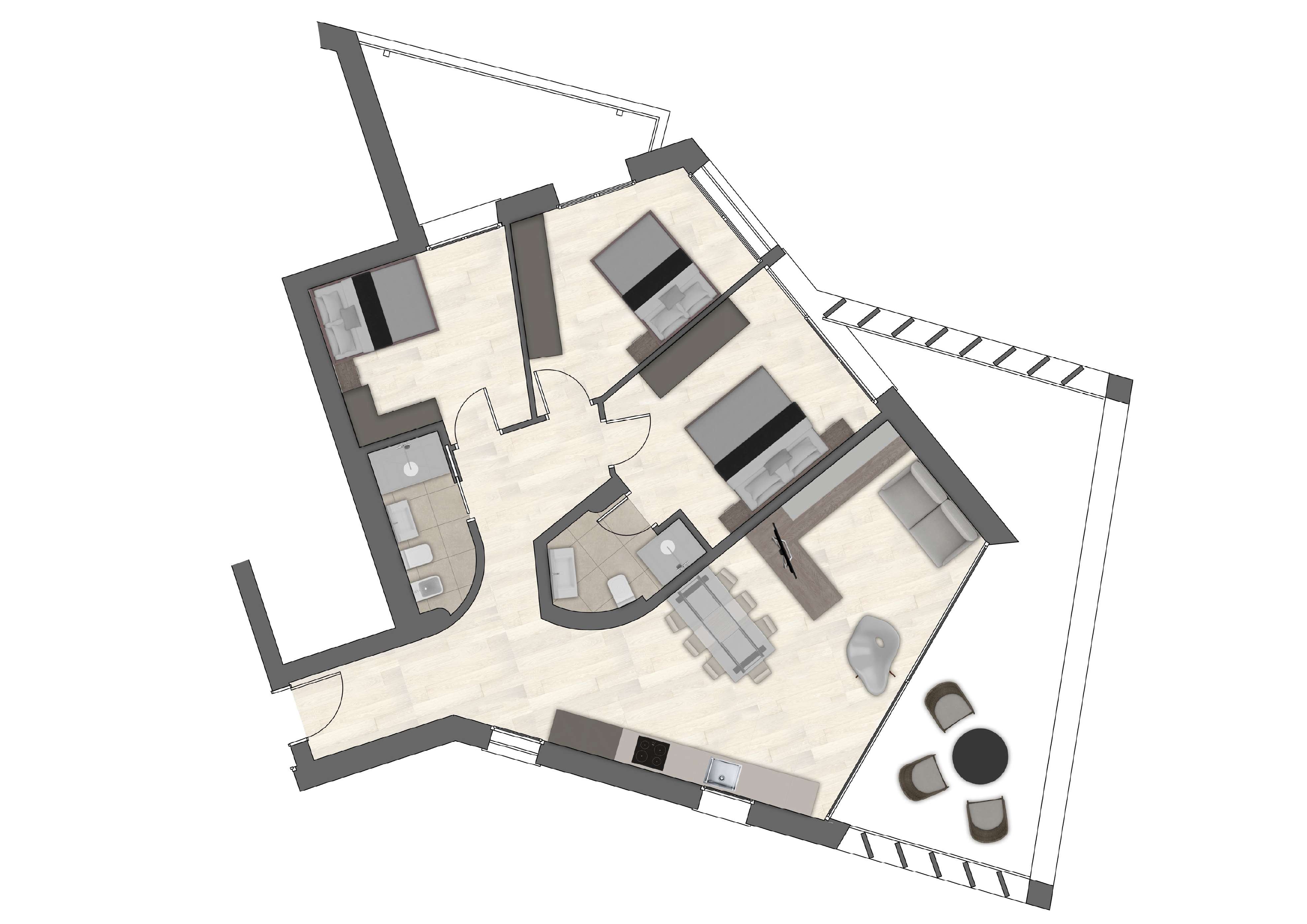 Grundriss einer kompakten Wohnung mit Balkon/Terrasse