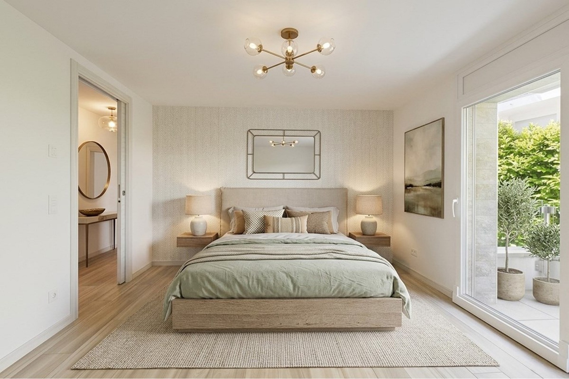 Helles, modernes Schlafzimmer mit Balkonblick