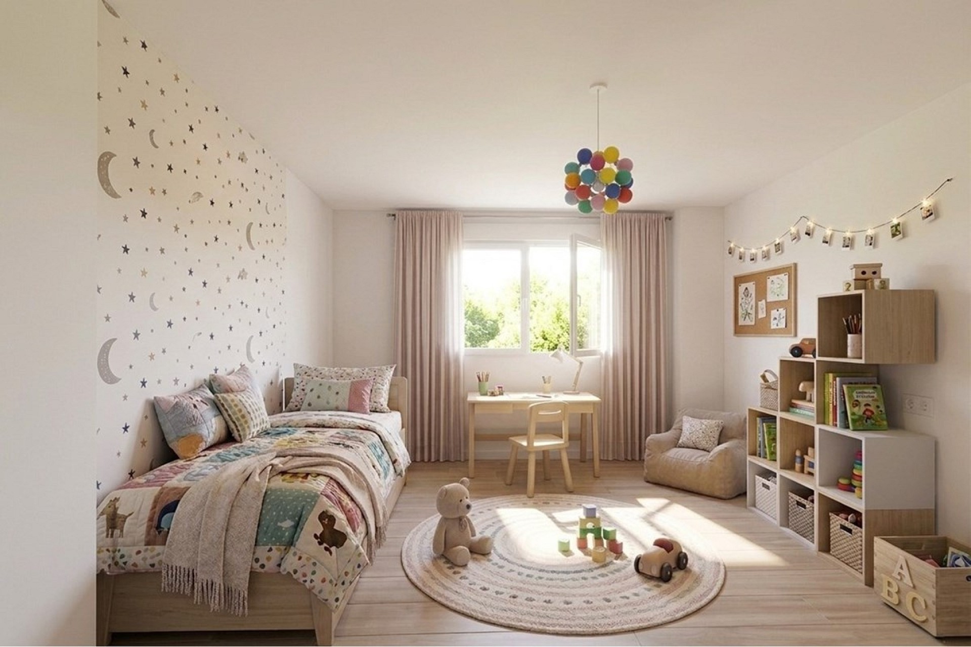 Kindgerechtes Schlafzimmer mit Spiel- und Arbeitsbereich