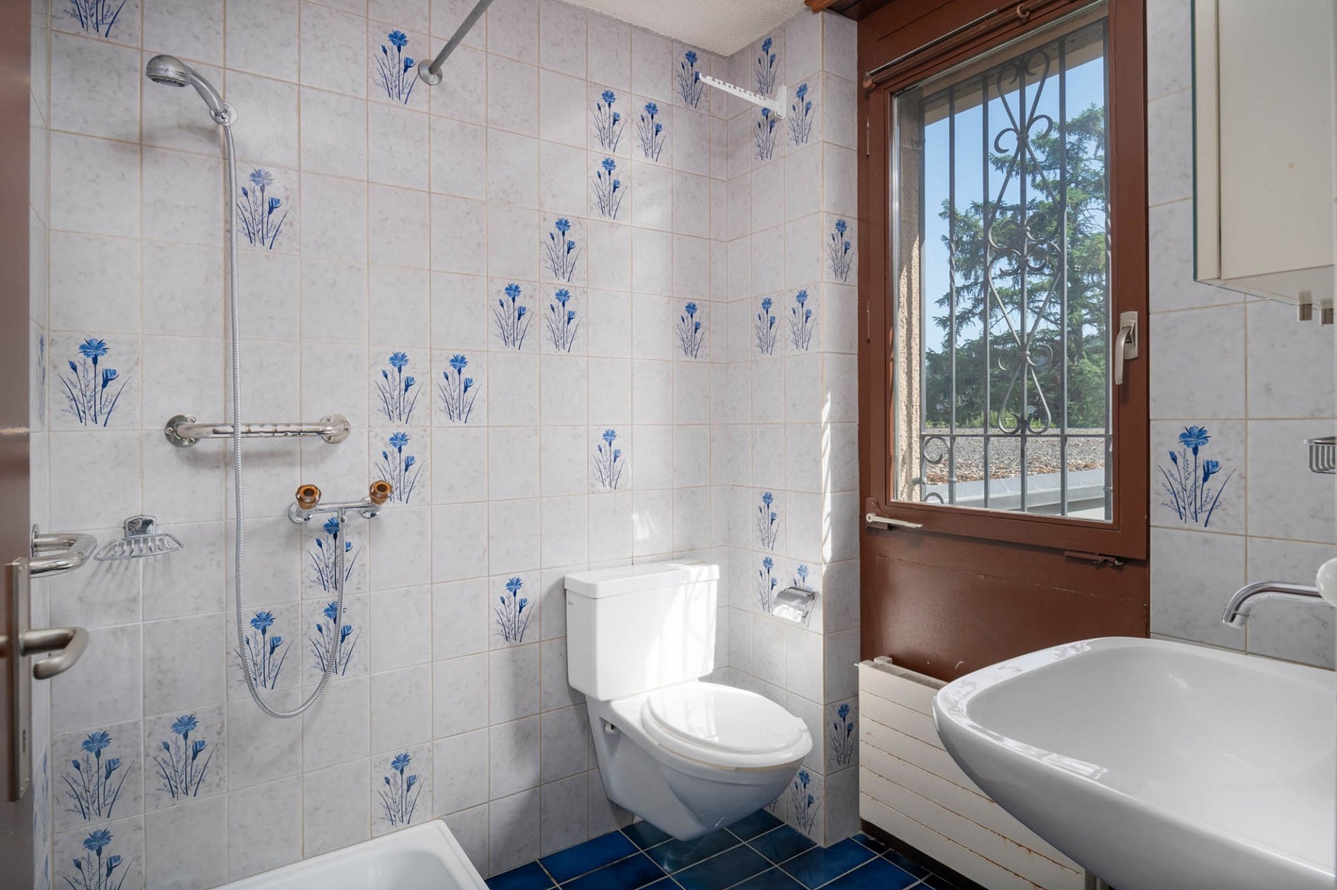 Badezimmer mit Dusche, WC und Fenster