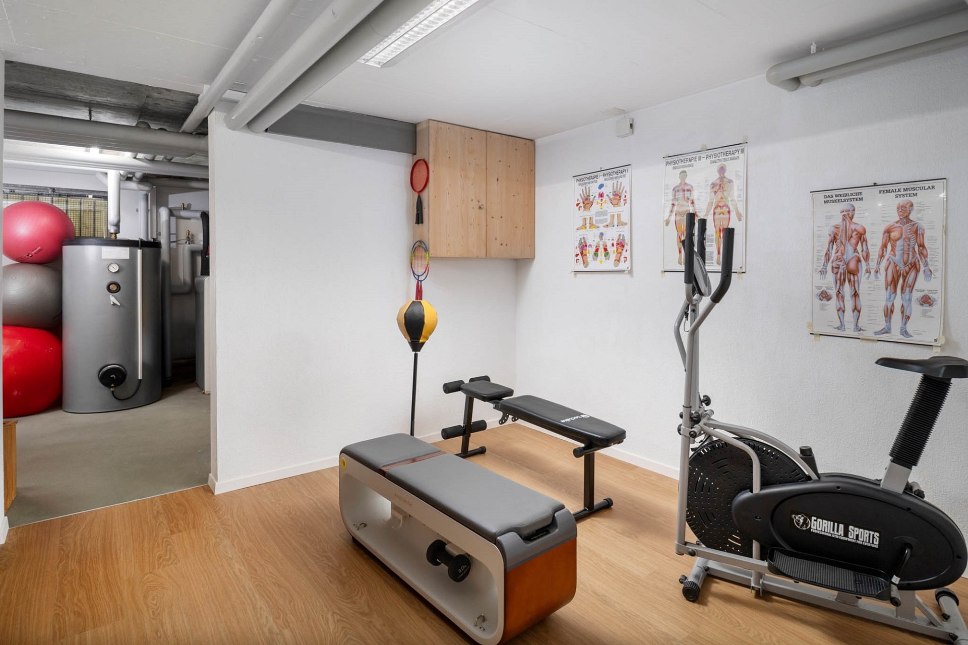 Keller-Fitnessraum mit Trainingsgeräten