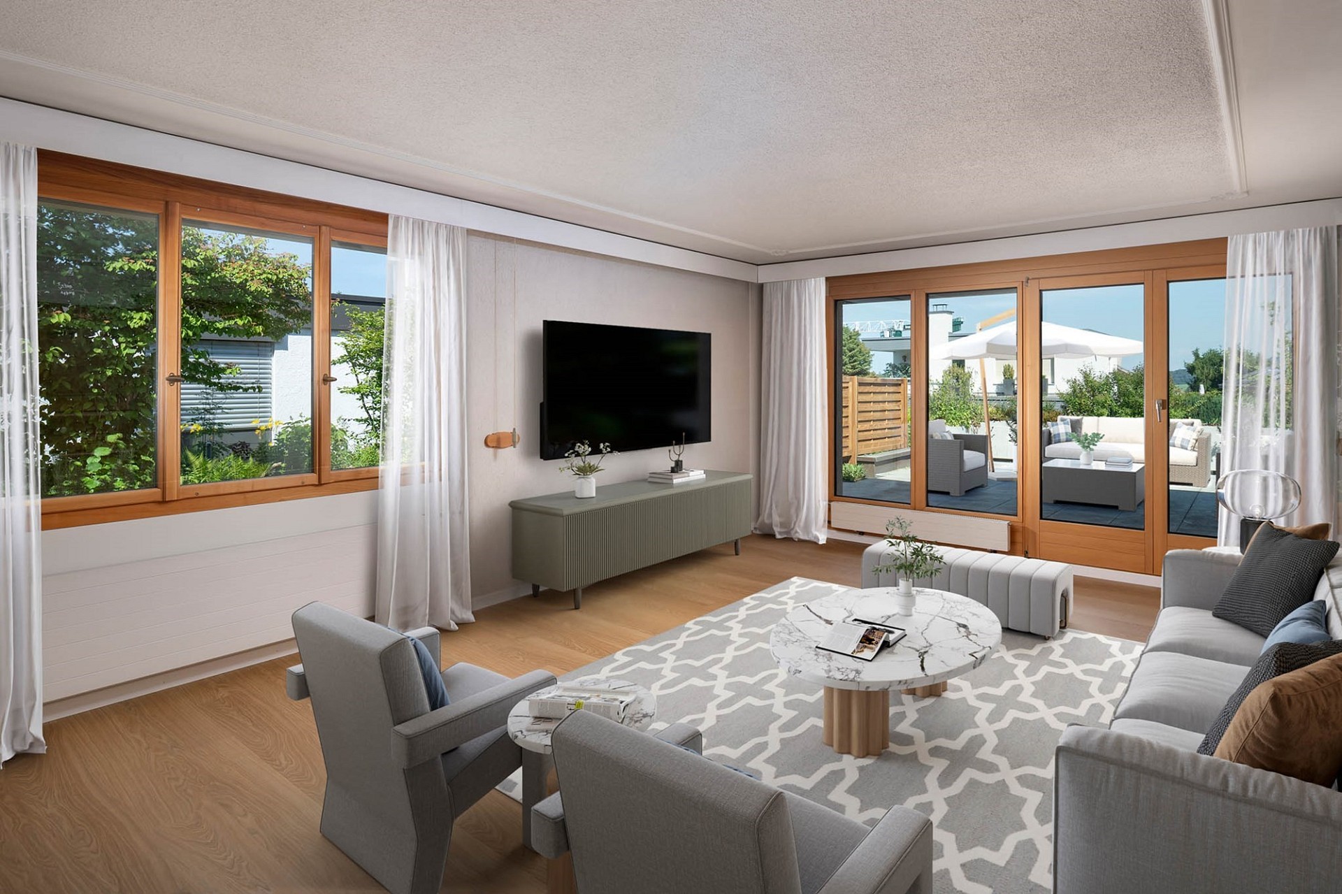 Helles Wohnzimmer mit Terrasse