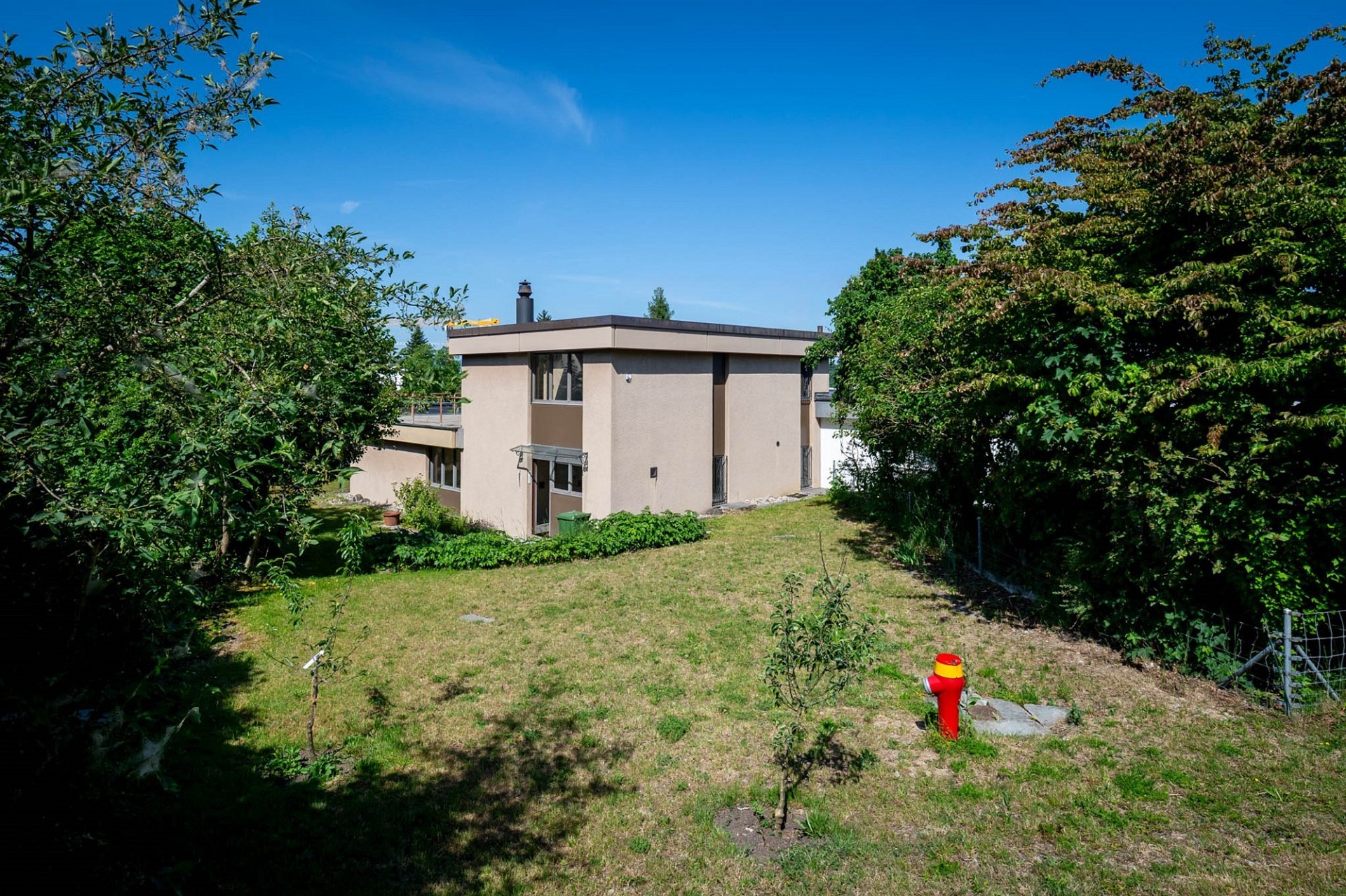 Gartenansicht eines flachen Wohnhauses