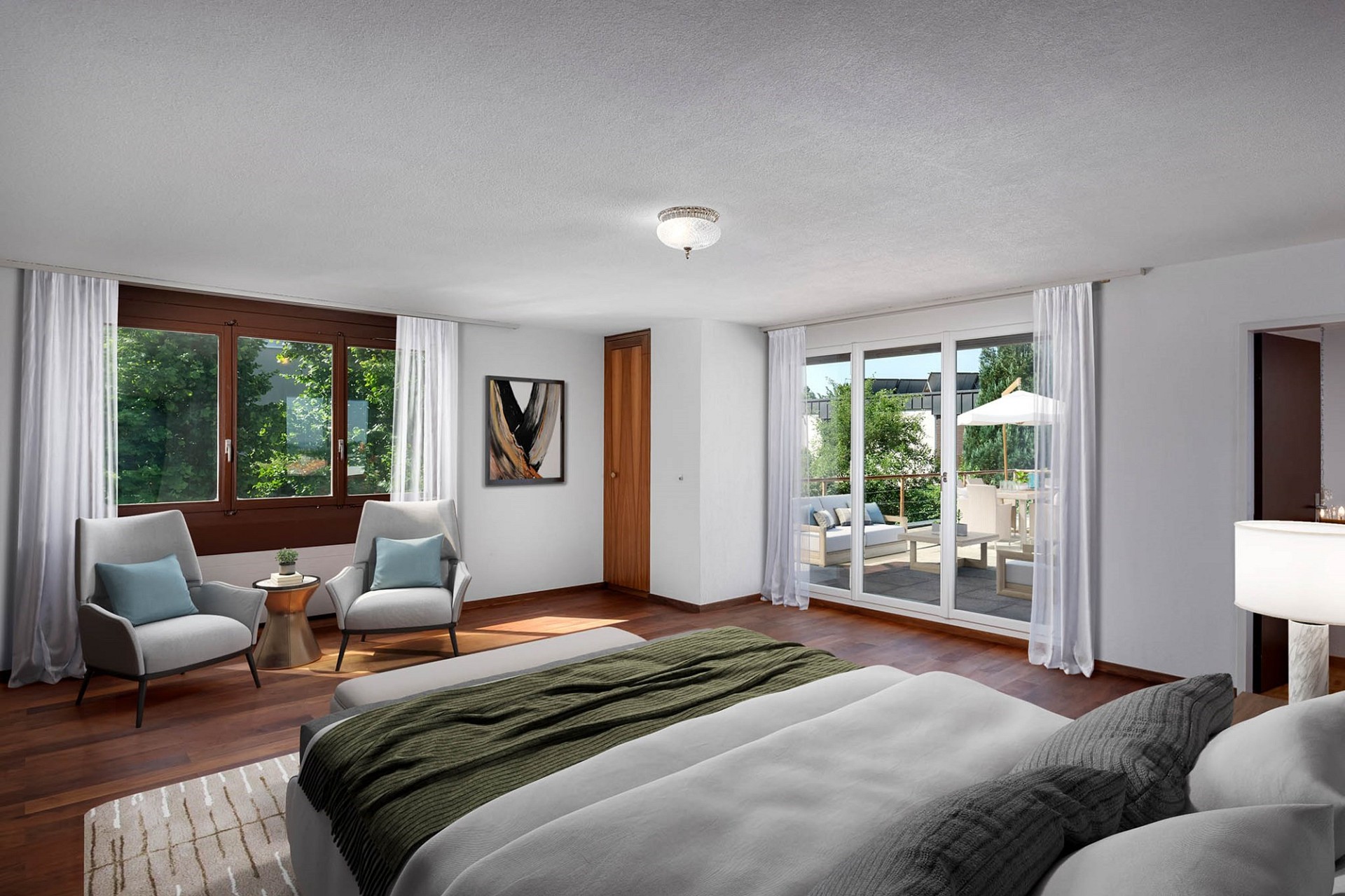 Helles Schlafzimmer mit Blick ins Grüne und zur Terrasse