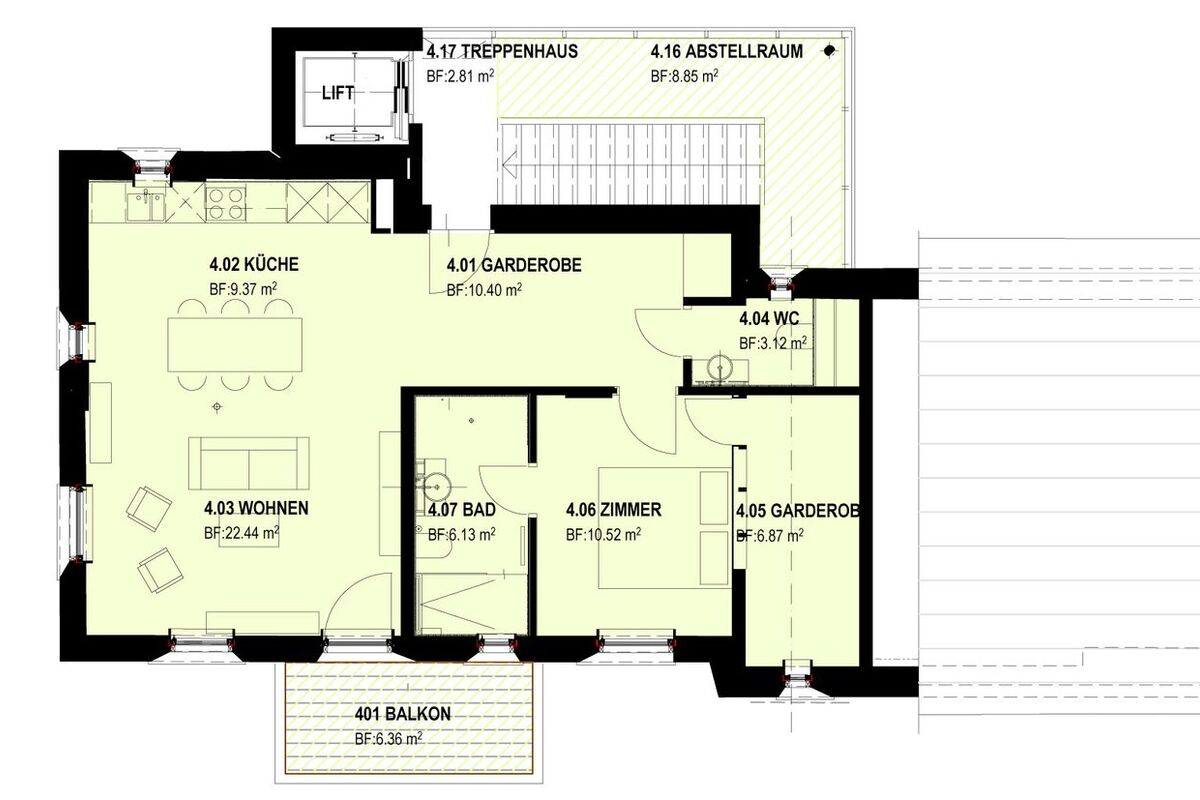 Wohnungsgrundriss mit Balkon und Nebenräumen