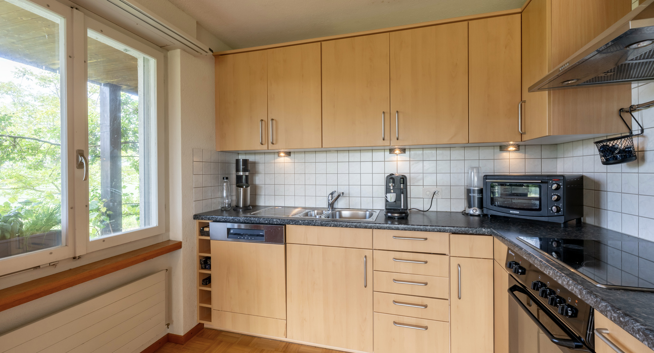 Helle Einbauküche mit Fensterblick