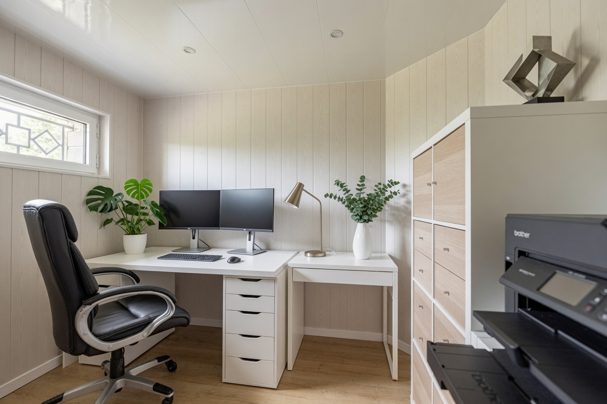 Helles Homeoffice mit Schreibtisch, Doppelmonitor und Stauraum