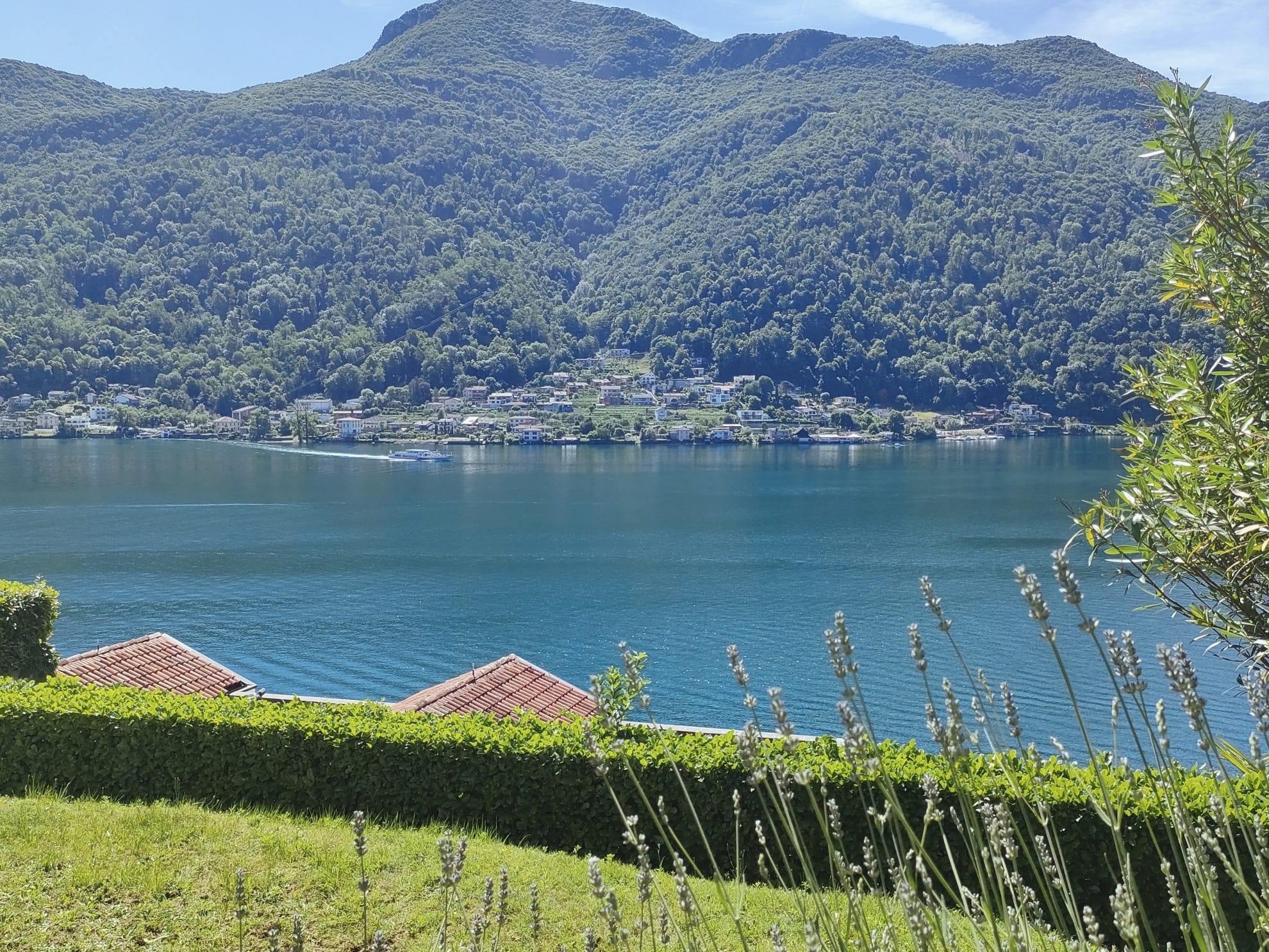 Seeblick mit Bergen und Uferort