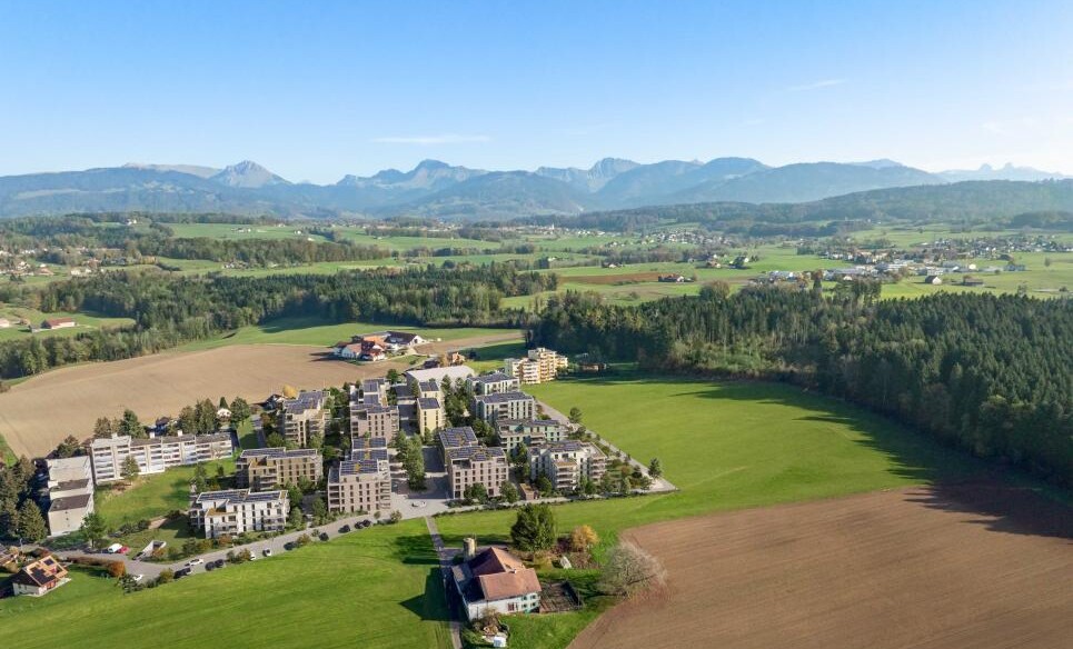 Luftaufnahme eines Wohngebiets in ländlicher Alpenlandschaft