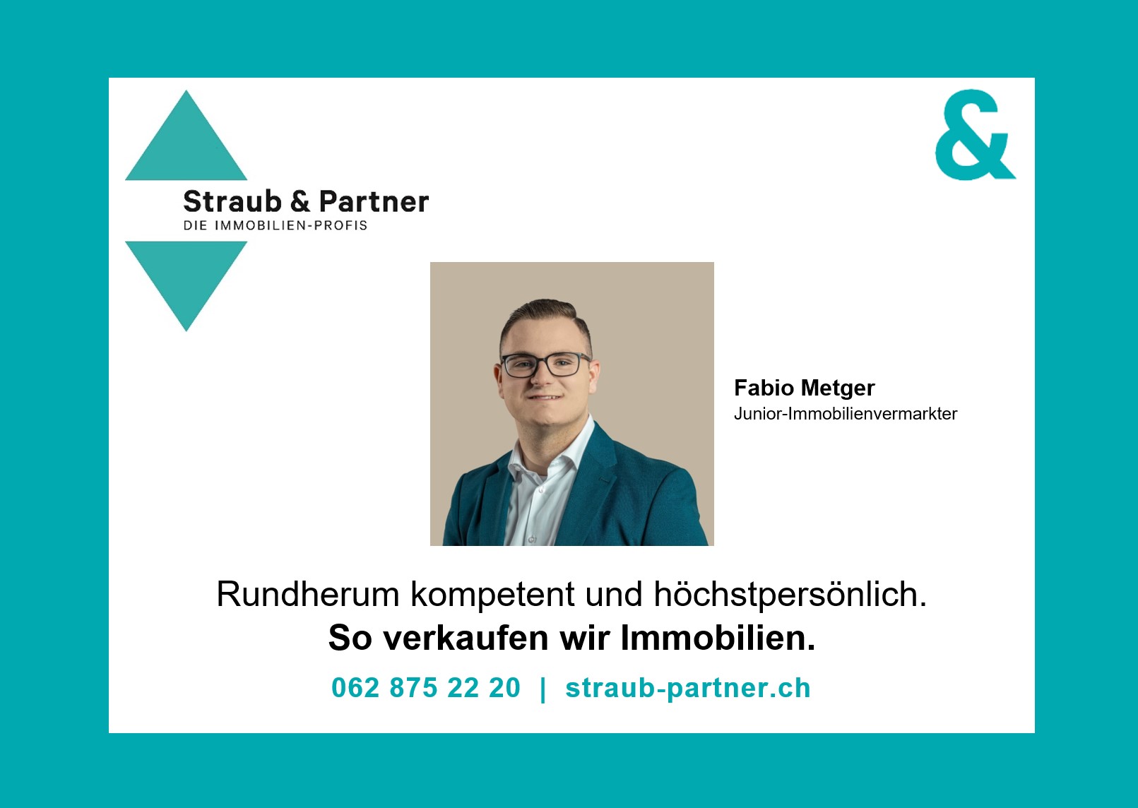 Werbebild einer Immobilienfirma mit Portrait eines Maklers