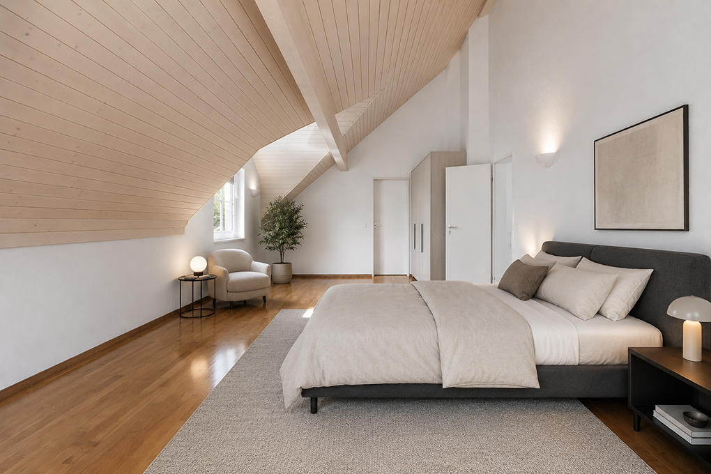 Helles Dachgeschoss-Schlafzimmer mit natürlicher Holzdecke