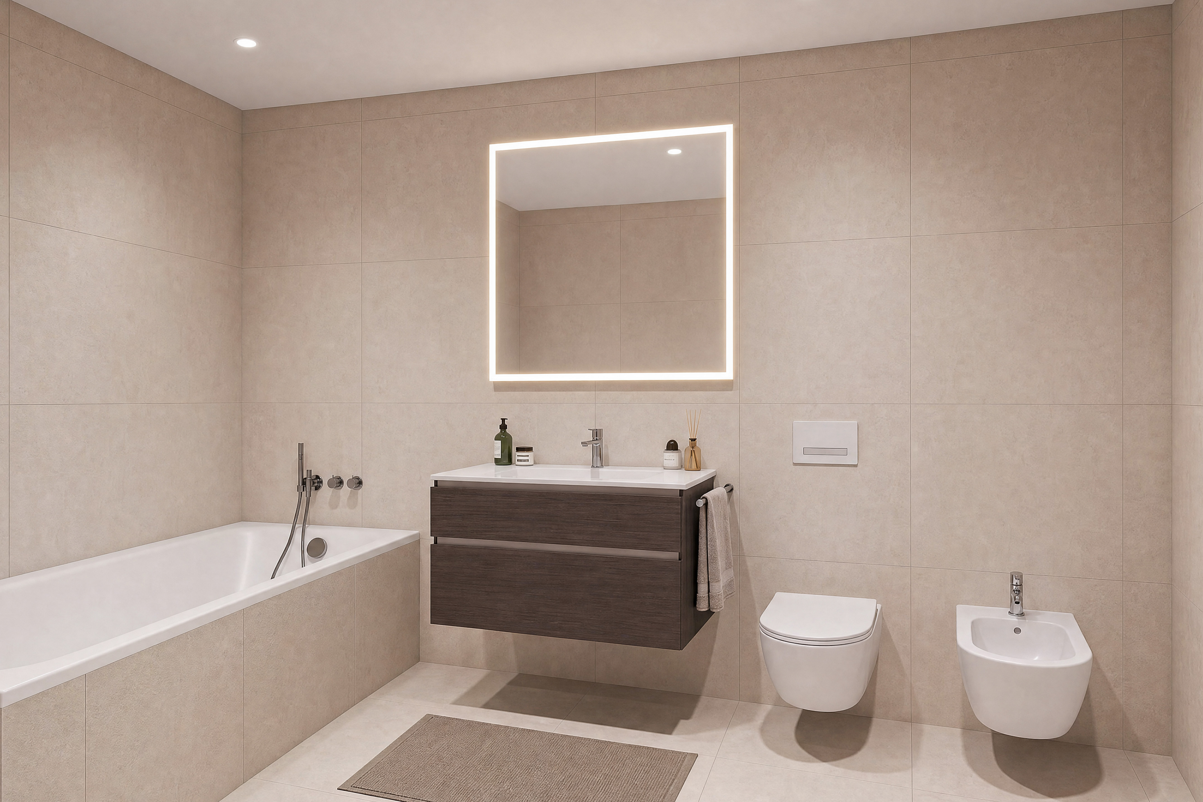 Modernes Badezimmer mit Badewanne, Waschtisch und Sanitärobjekten