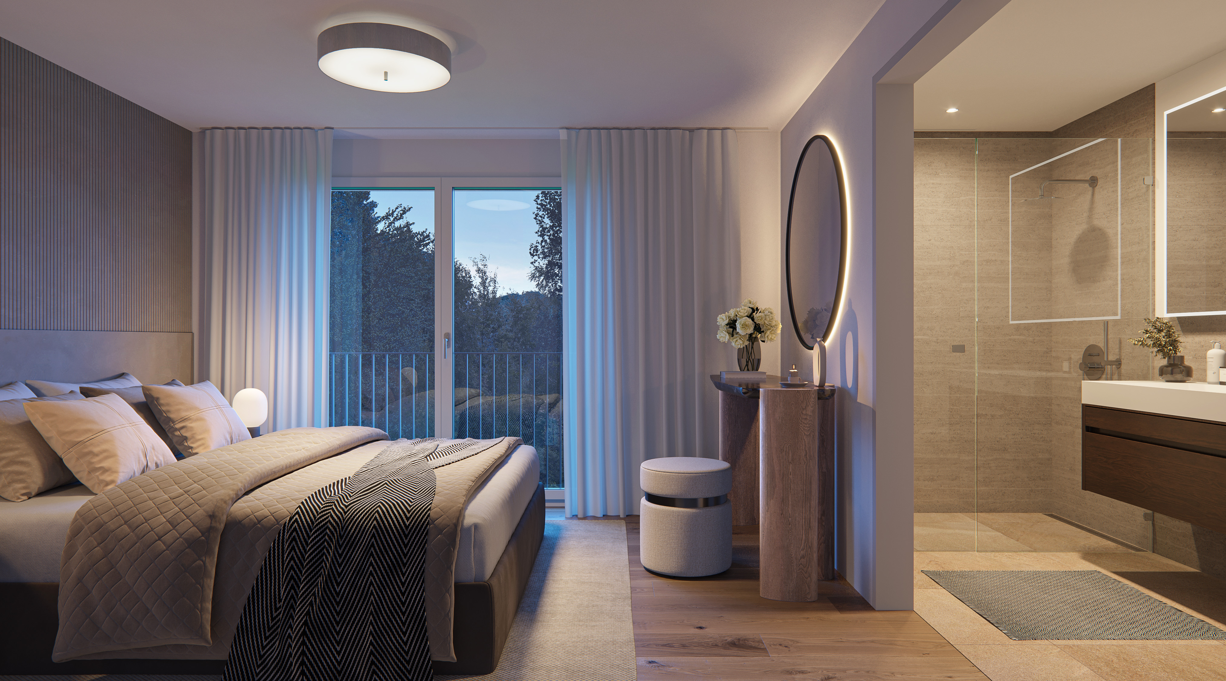 Modernes Schlafzimmer mit angrenzendem Badezimmer