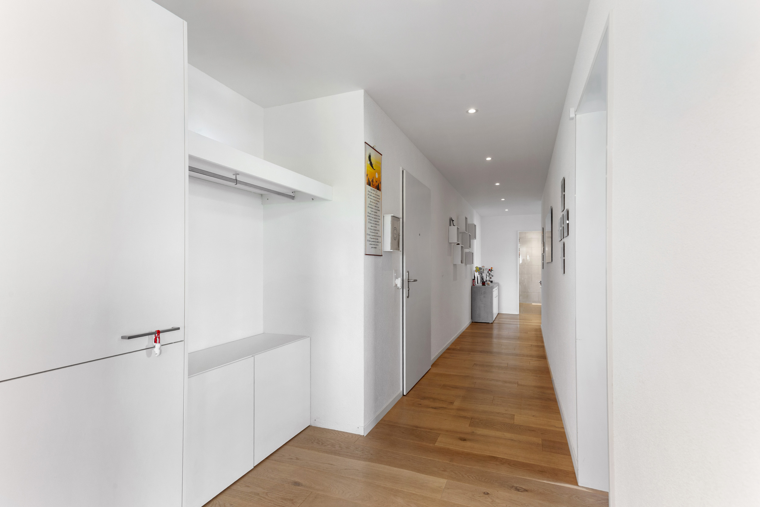 Heller Flur mit Holzfußboden und Einbauschrank