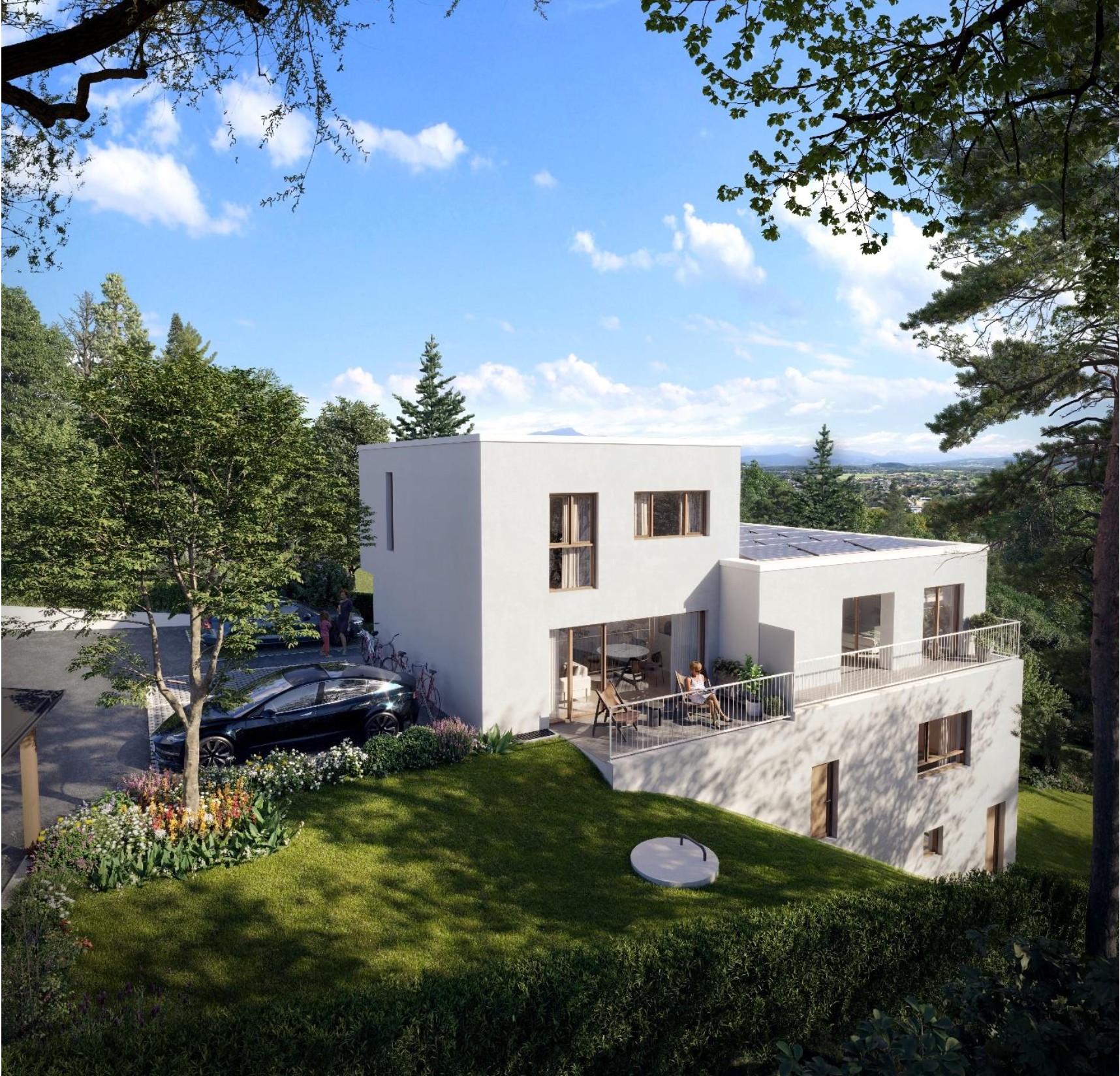 Moderne weiße Villa mit Terrasse und Garten