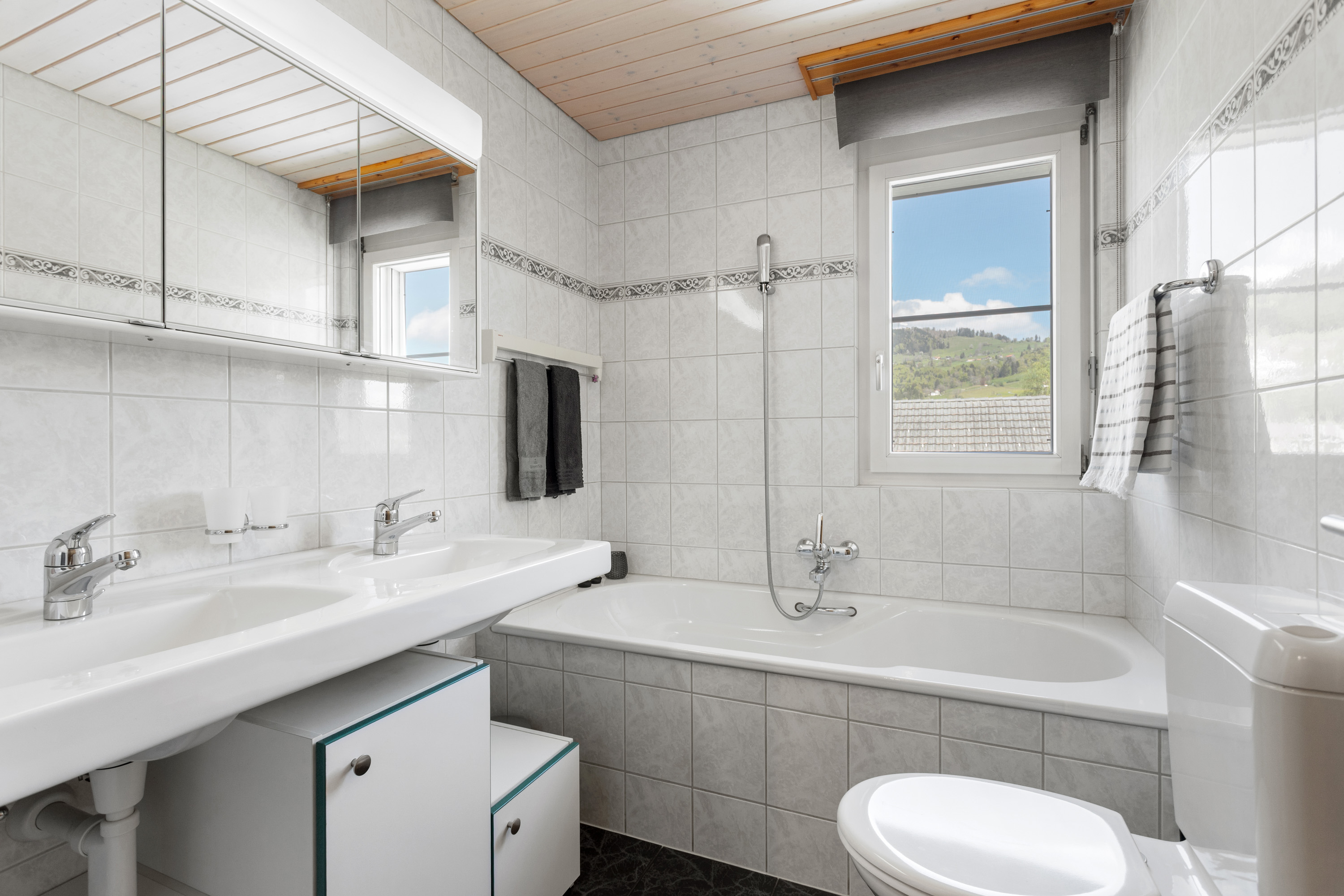 Helles Badezimmer mit Badewanne und Dachfensterblick