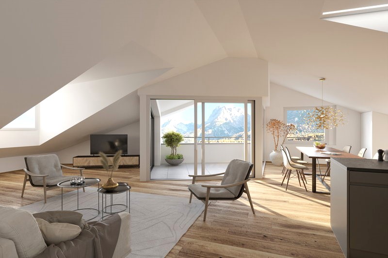 Offener Dachgeschoss-Wohnbereich mit Terrasse und Bergblick