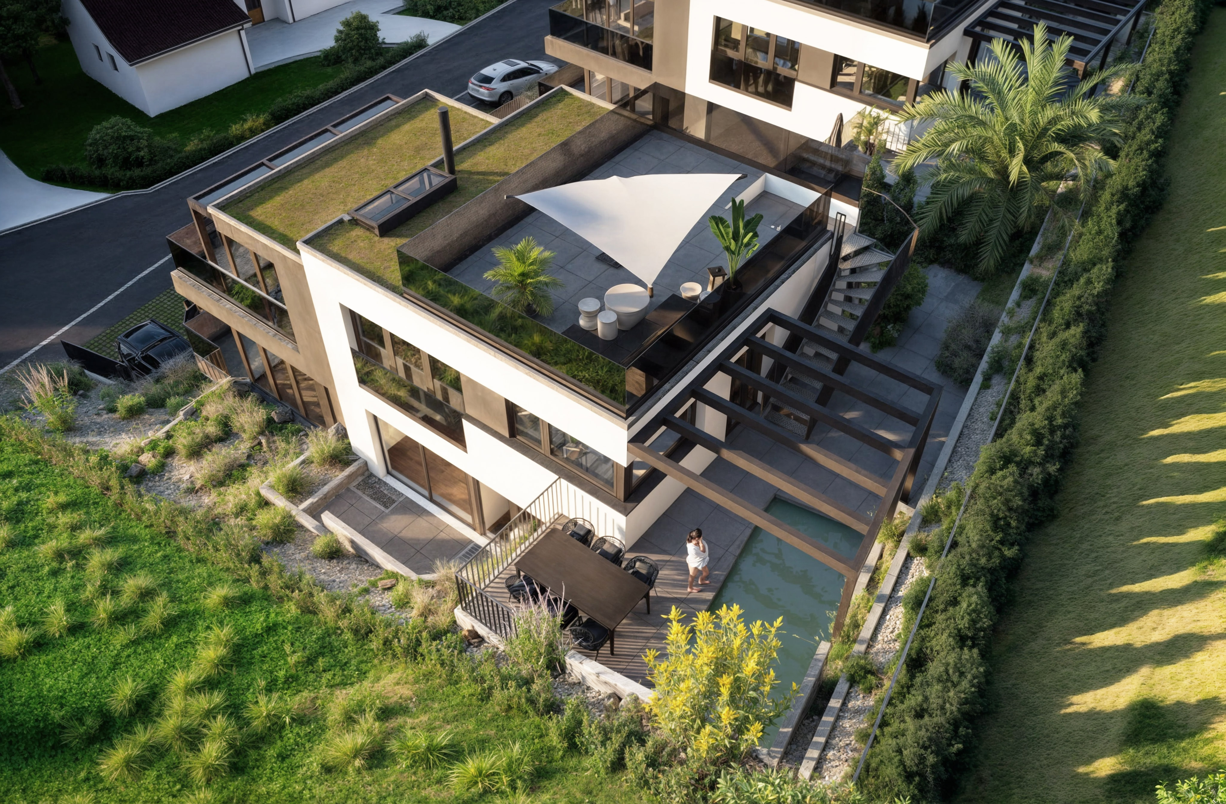Moderne Dachterrasse mit Garten und Außenbereich
