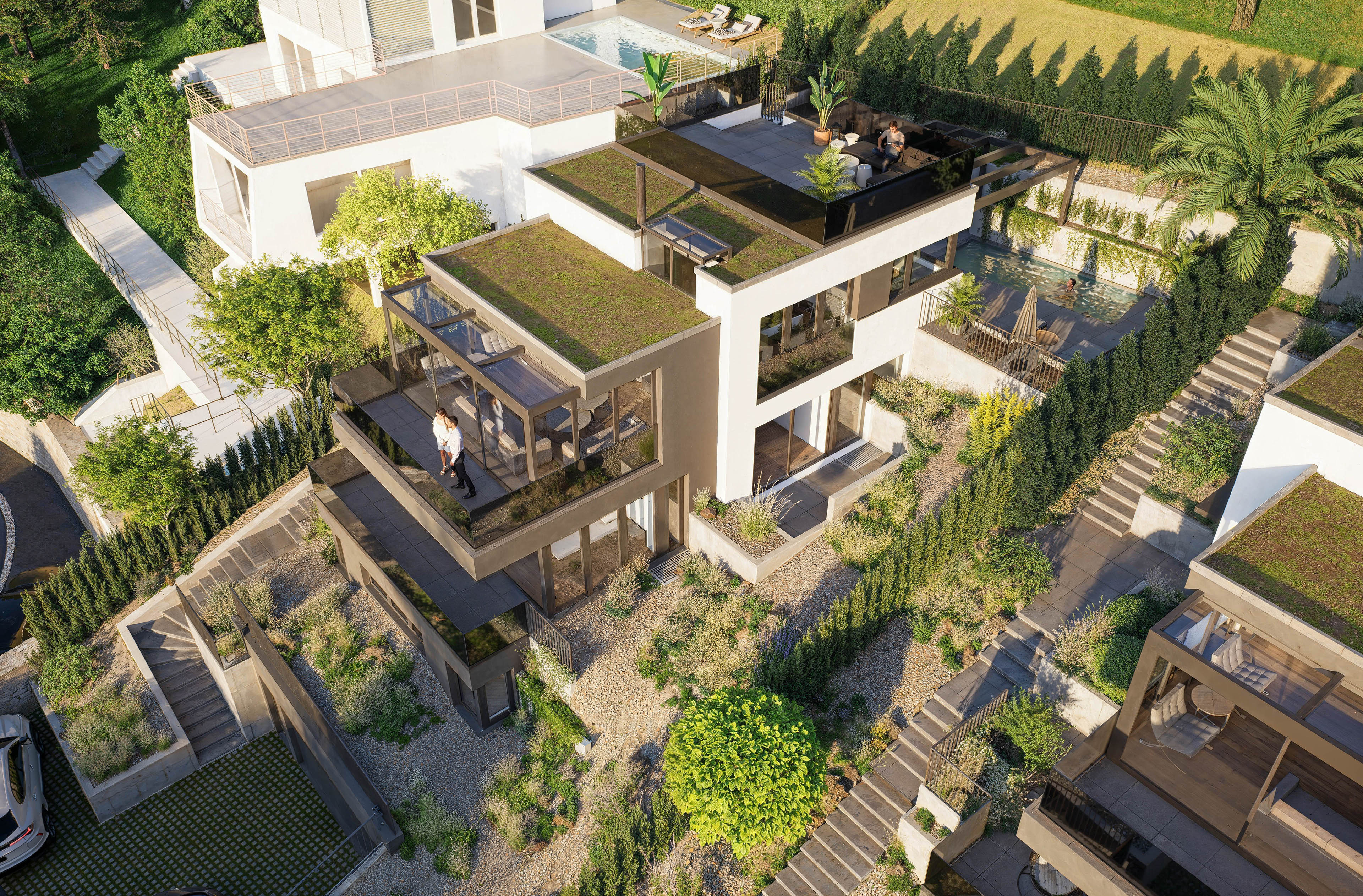 Luxuriöse moderne Villenanlage mit Dachterrassen und Pool