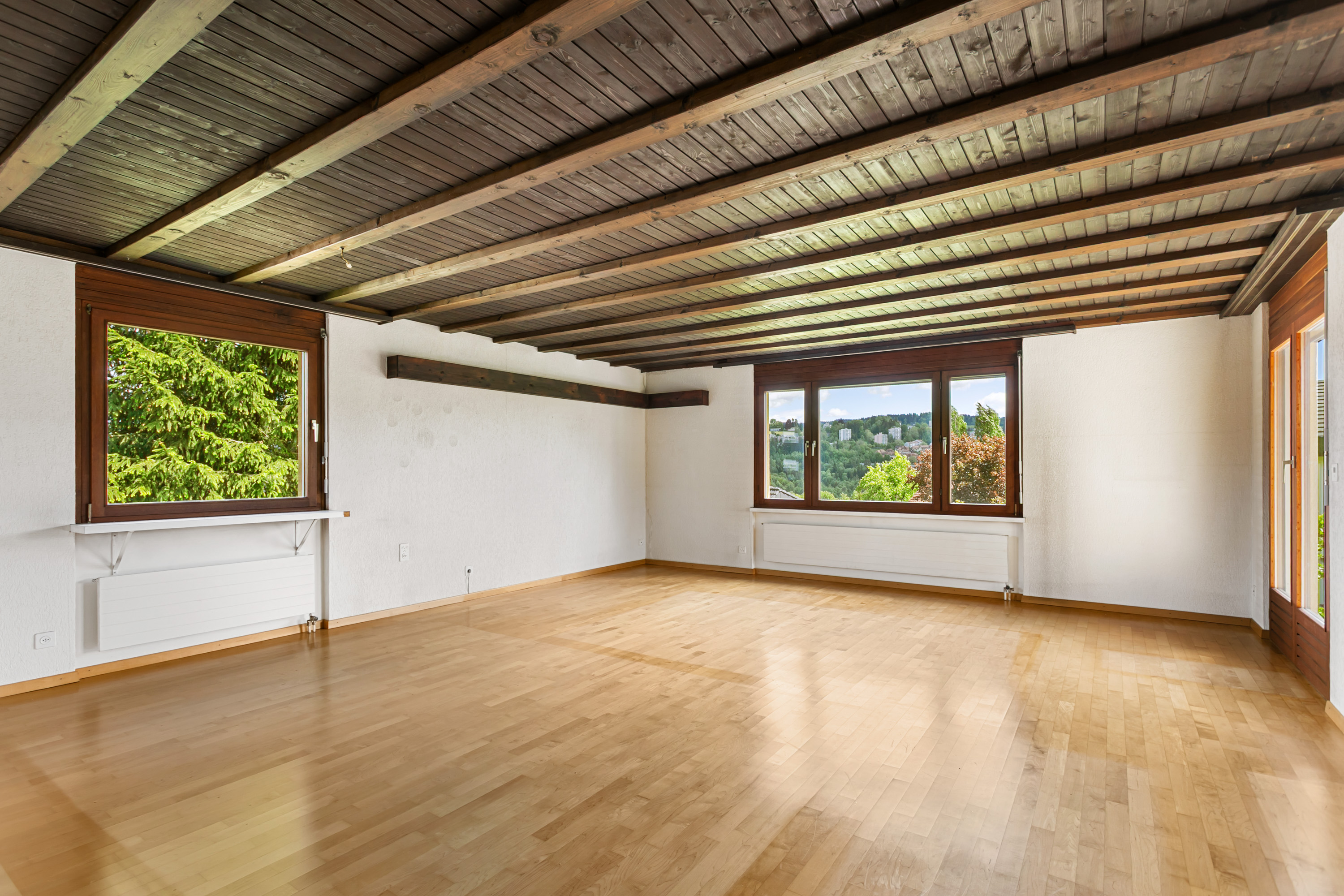 Leerer Wohnraum mit Holzdecke und Blick ins Grüne