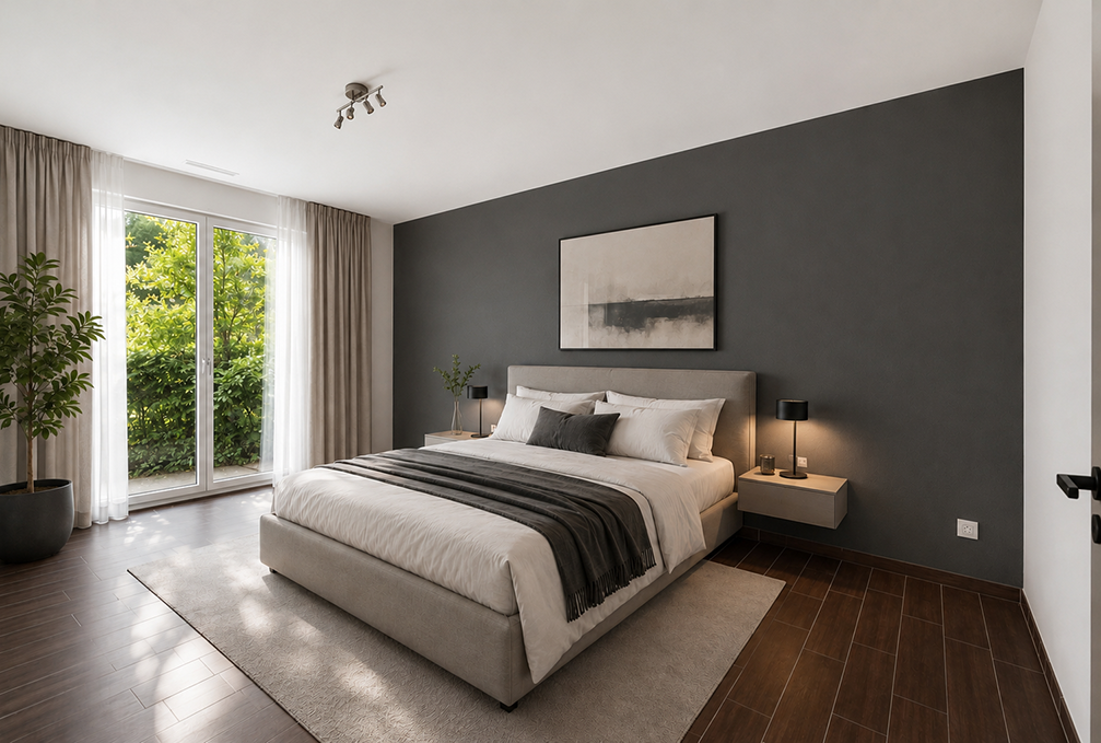 Modernes Schlafzimmer mit dunkler Akzentwand