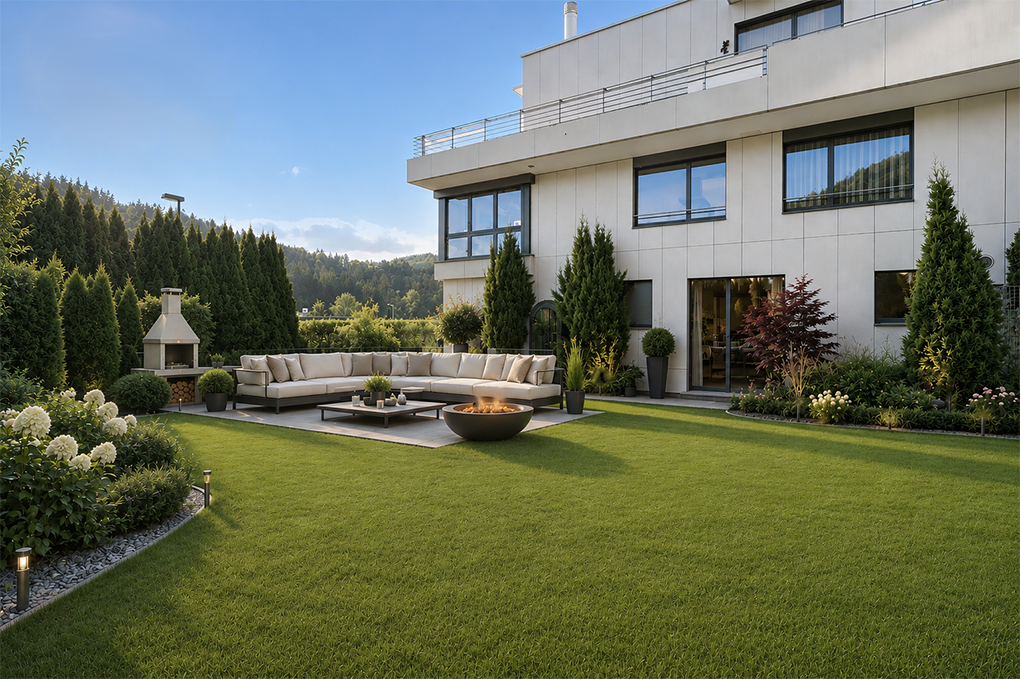 Moderner Garten mit Lounge und Feuerstelle
