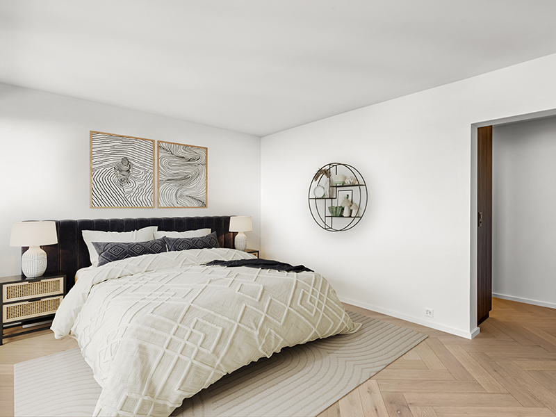 Modernes Schlafzimmer mit hellen Materialien