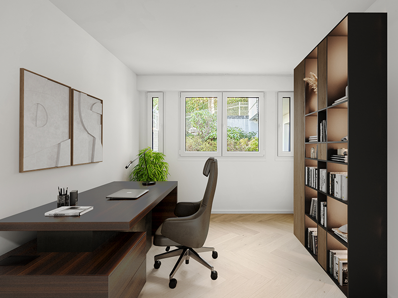 Modernes Arbeitszimmer mit Schreibtisch und Regalsystem