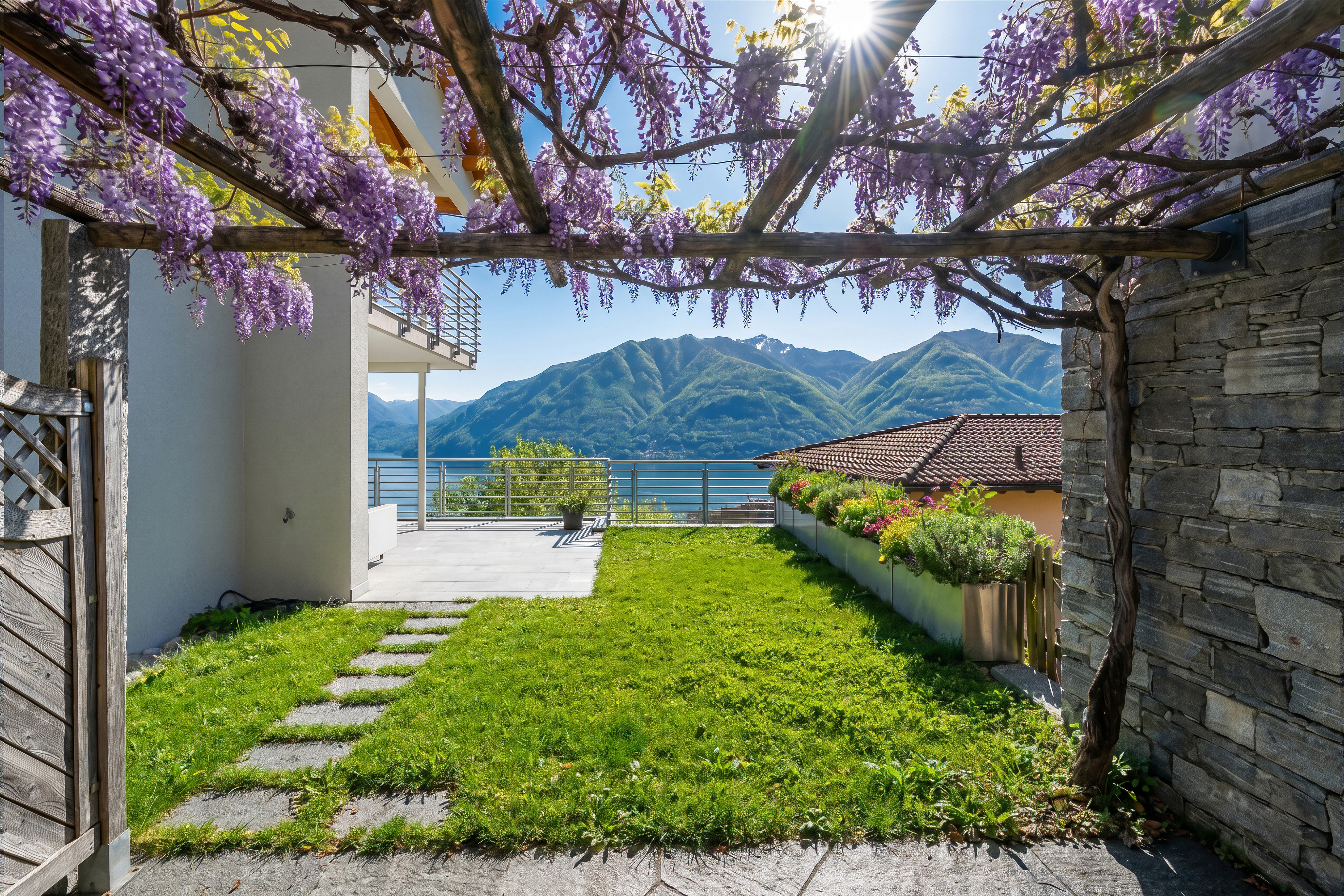 Terrasse mit Pergola und Bergblick