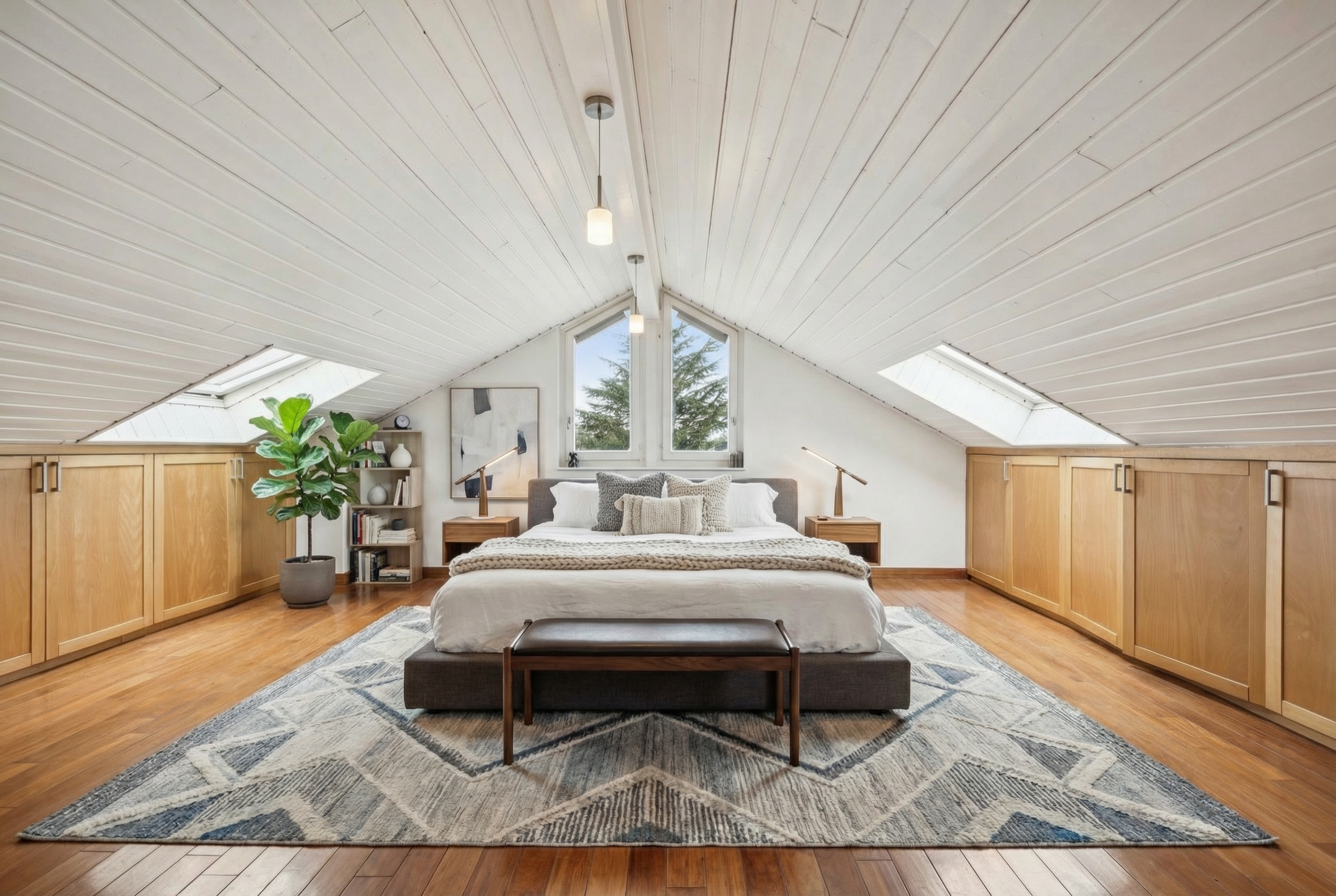 Dachgeschoss-Schlafzimmer mit viel Holz und Tageslicht