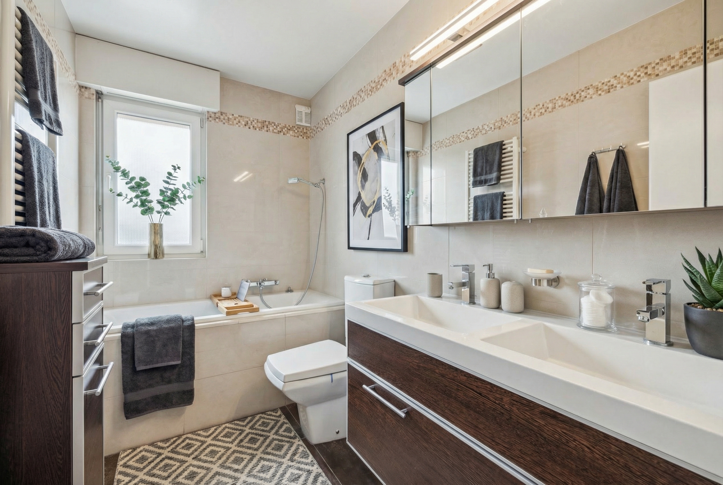 Helles, modernes Badezimmer mit Wanne und Doppelwaschtisch