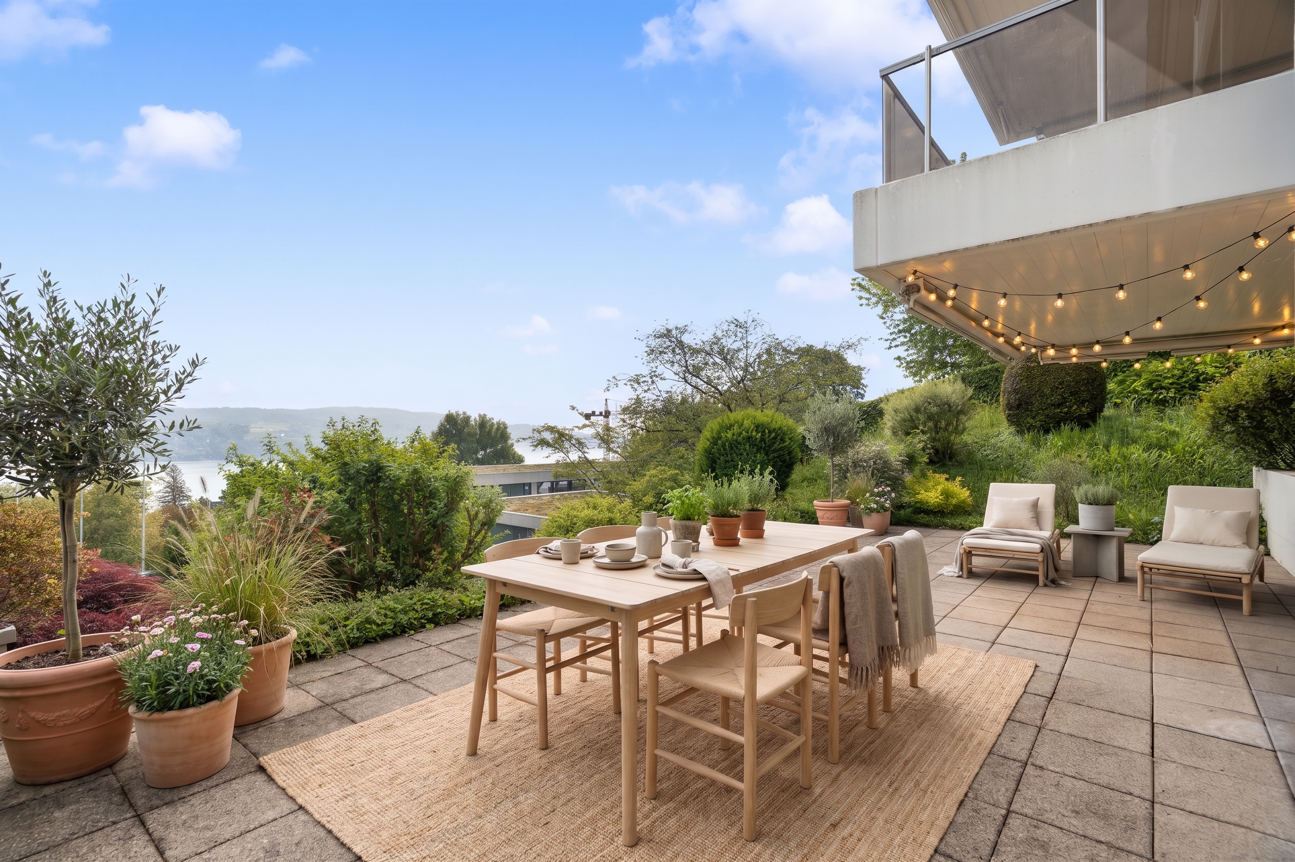 Terrasse mit Gartenblick und Sitzgruppe