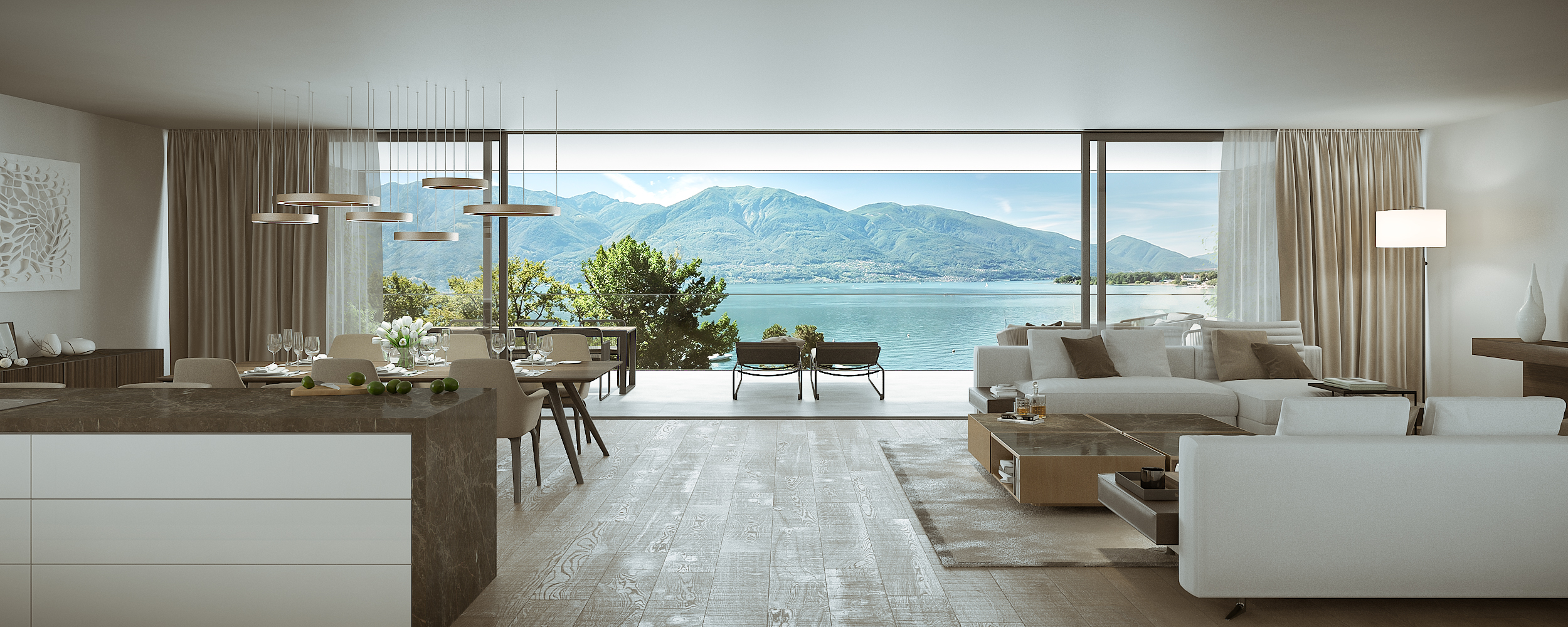 Luxuriöses Wohn- und Esszimmer mit Panoramablick auf See und Berge