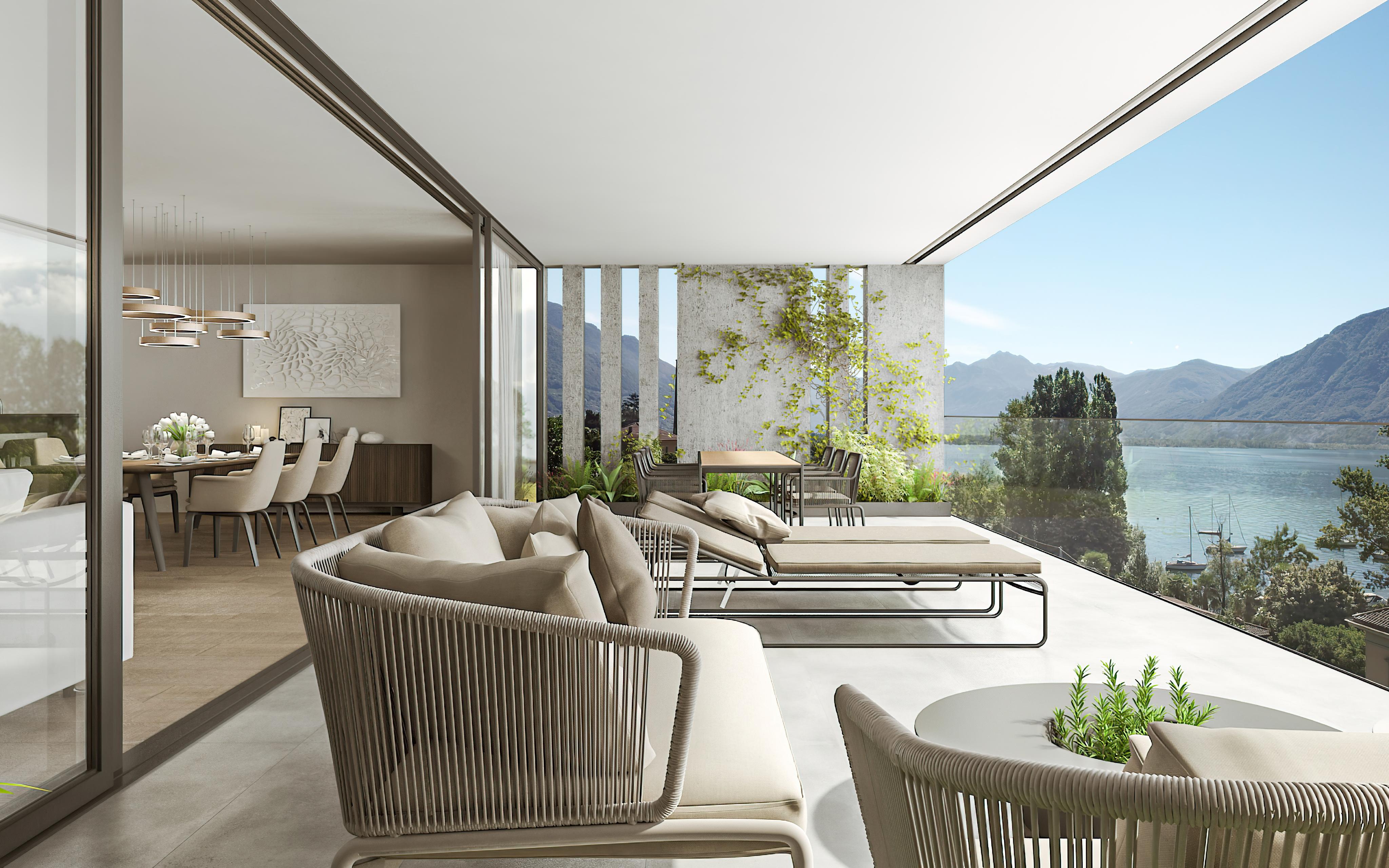 Luxuriöse Seeterrasse mit Lounge und Essbereich