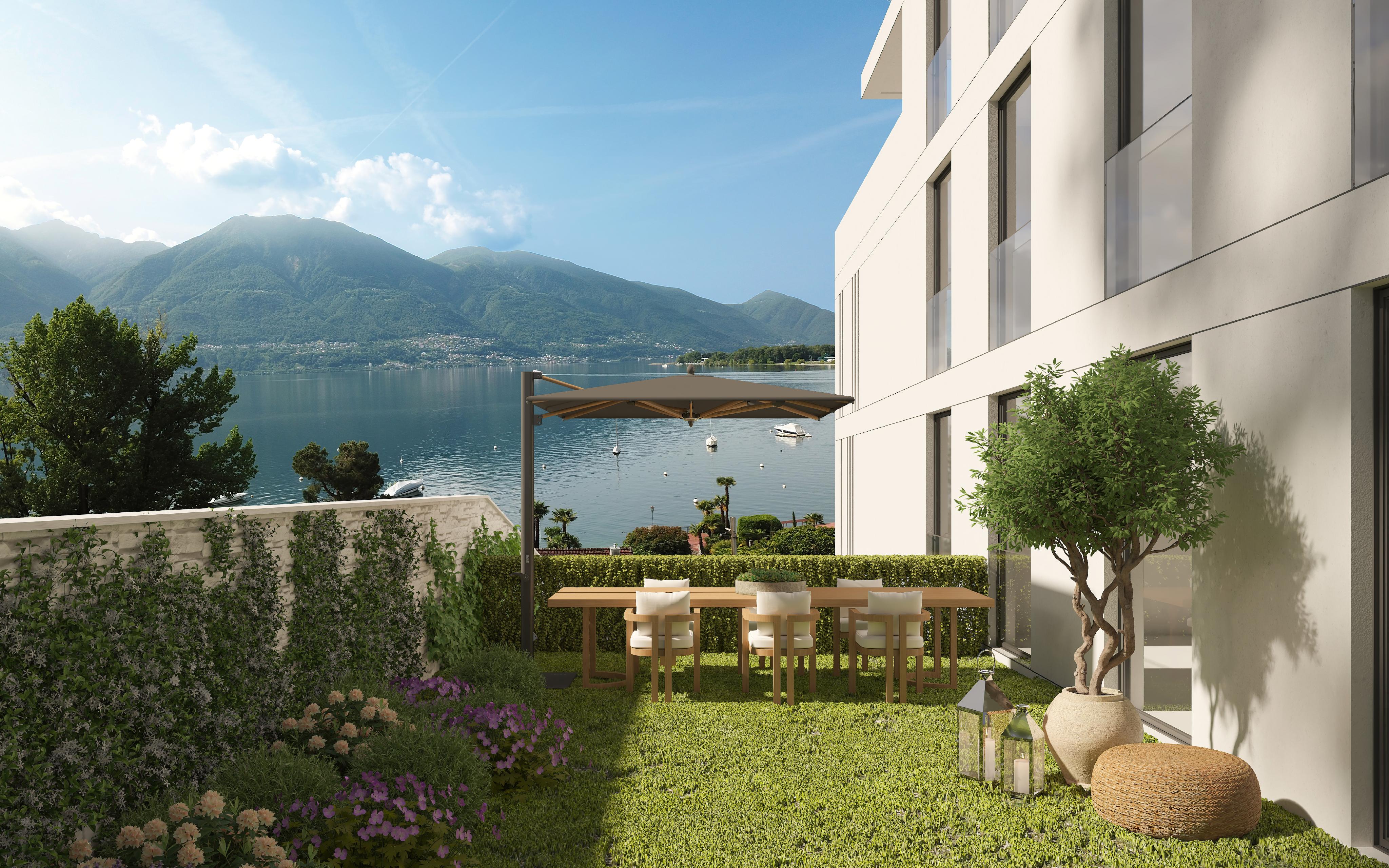 Terrasse mit Seeblick und moderner Architektur