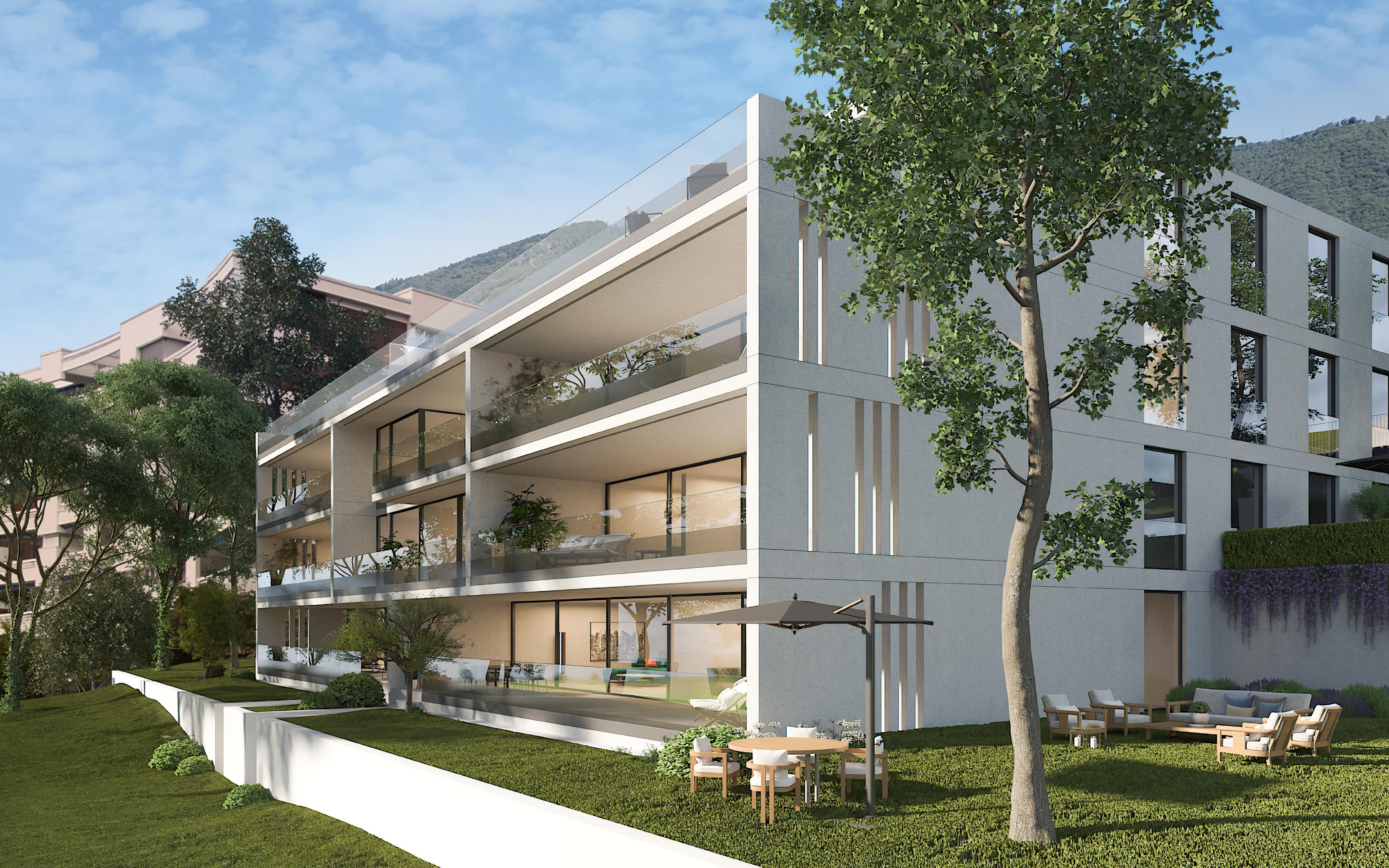 Moderne Wohnanlage mit Terrassen und Garten