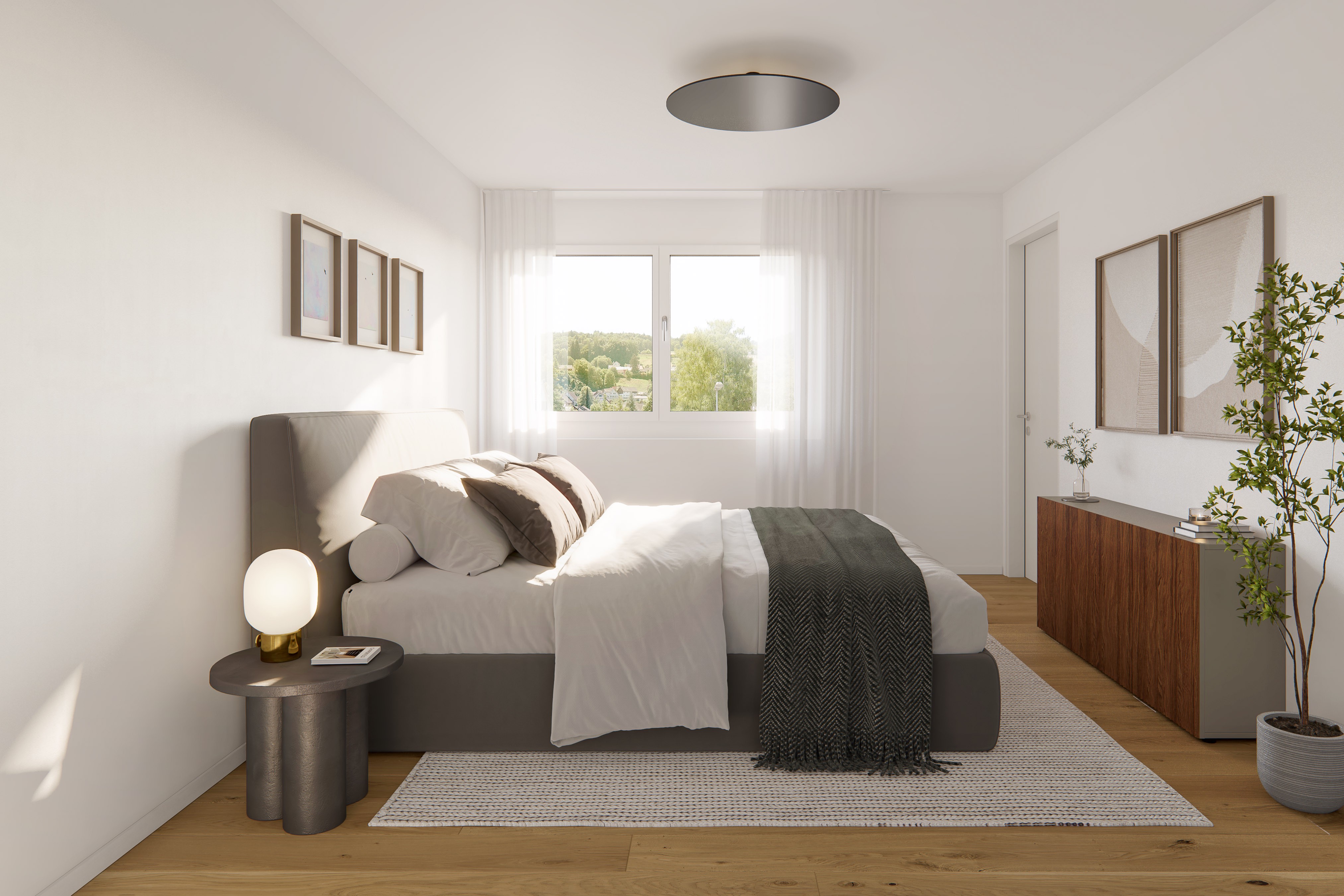 Helles, minimalistisches Schlafzimmer mit Naturblick