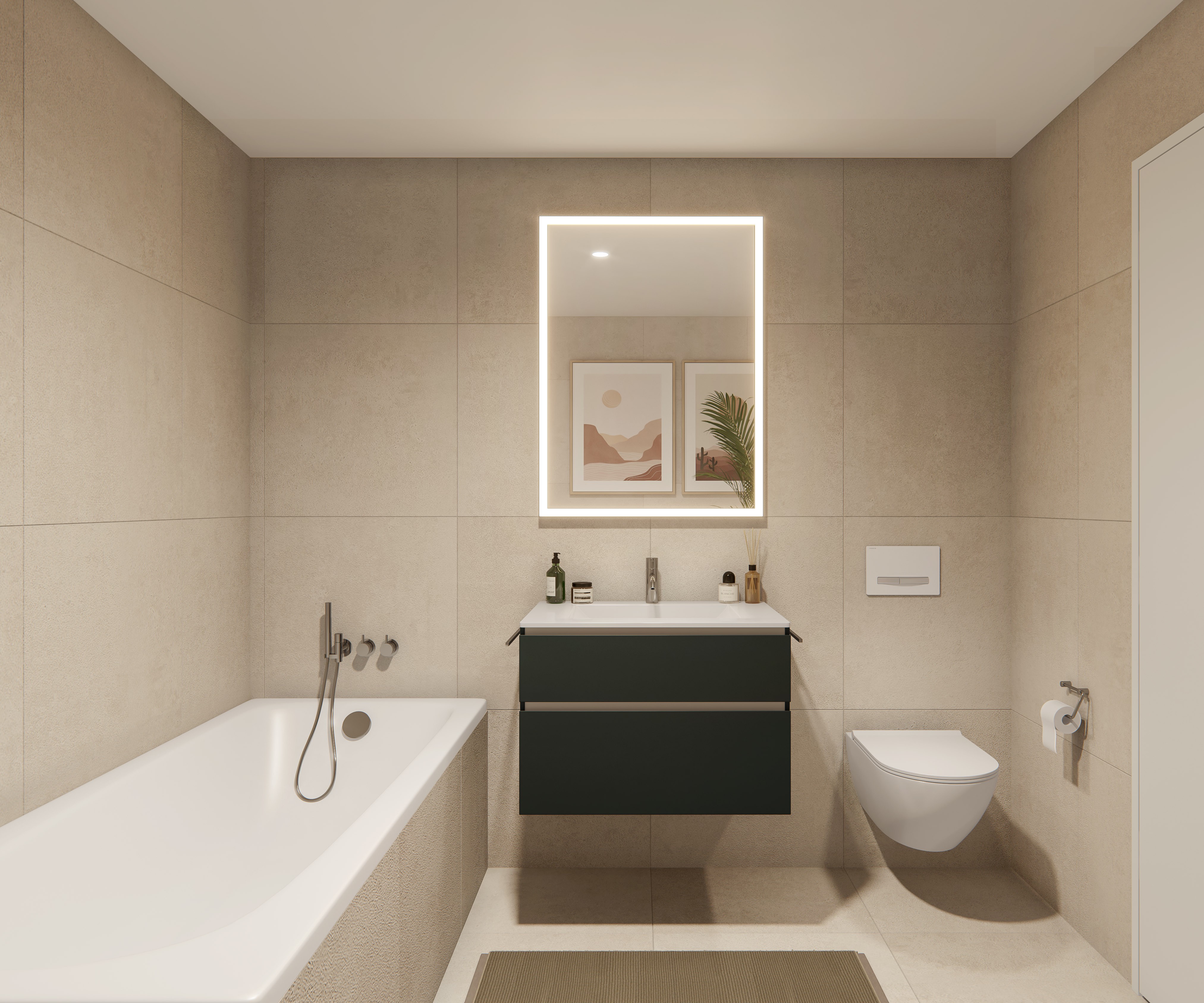 Modernes Badezimmer mit Wanne, Waschtisch und Wand-WC