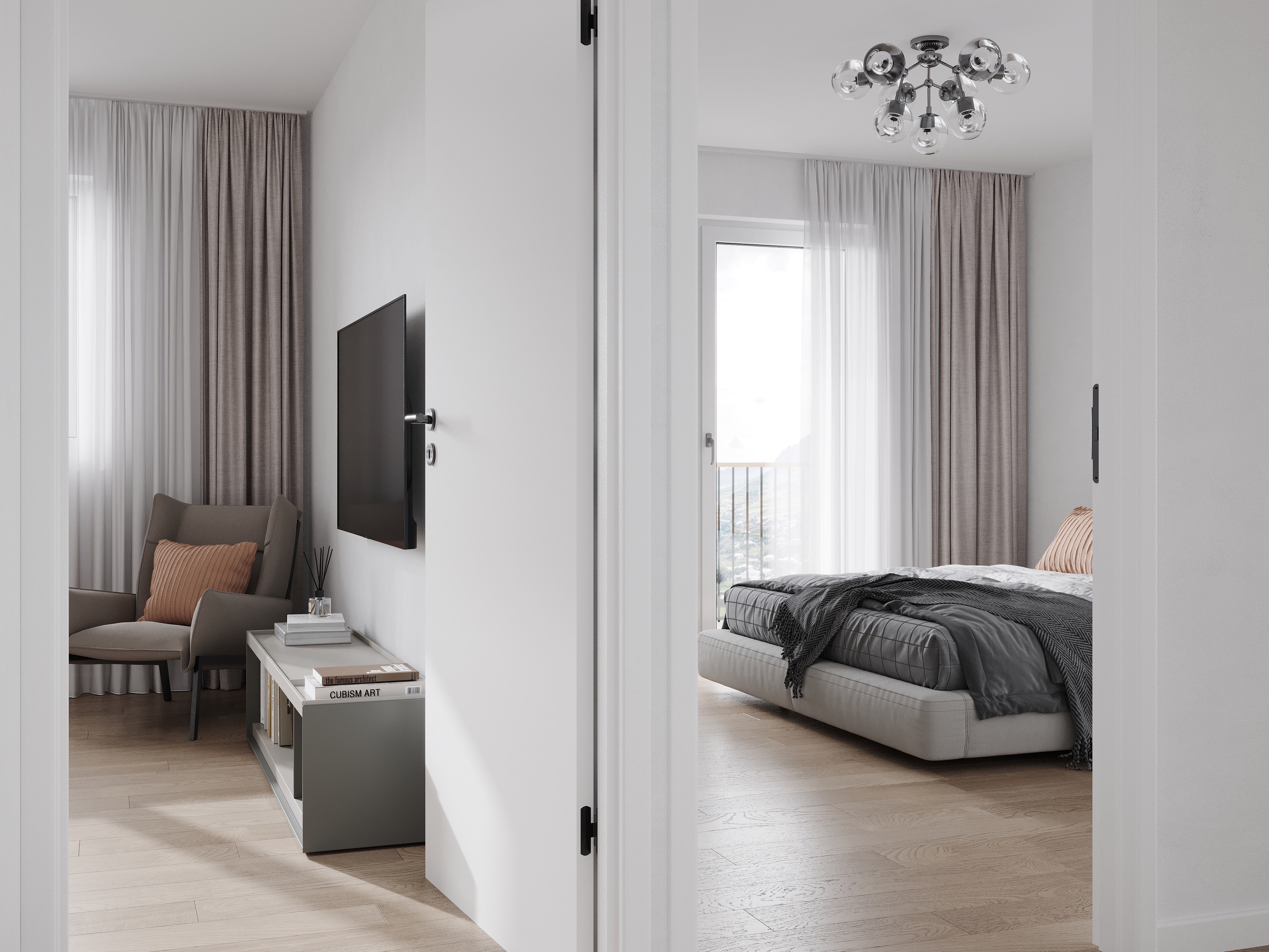 Modernes Schlafzimmer mit angrenzender Sitzecke