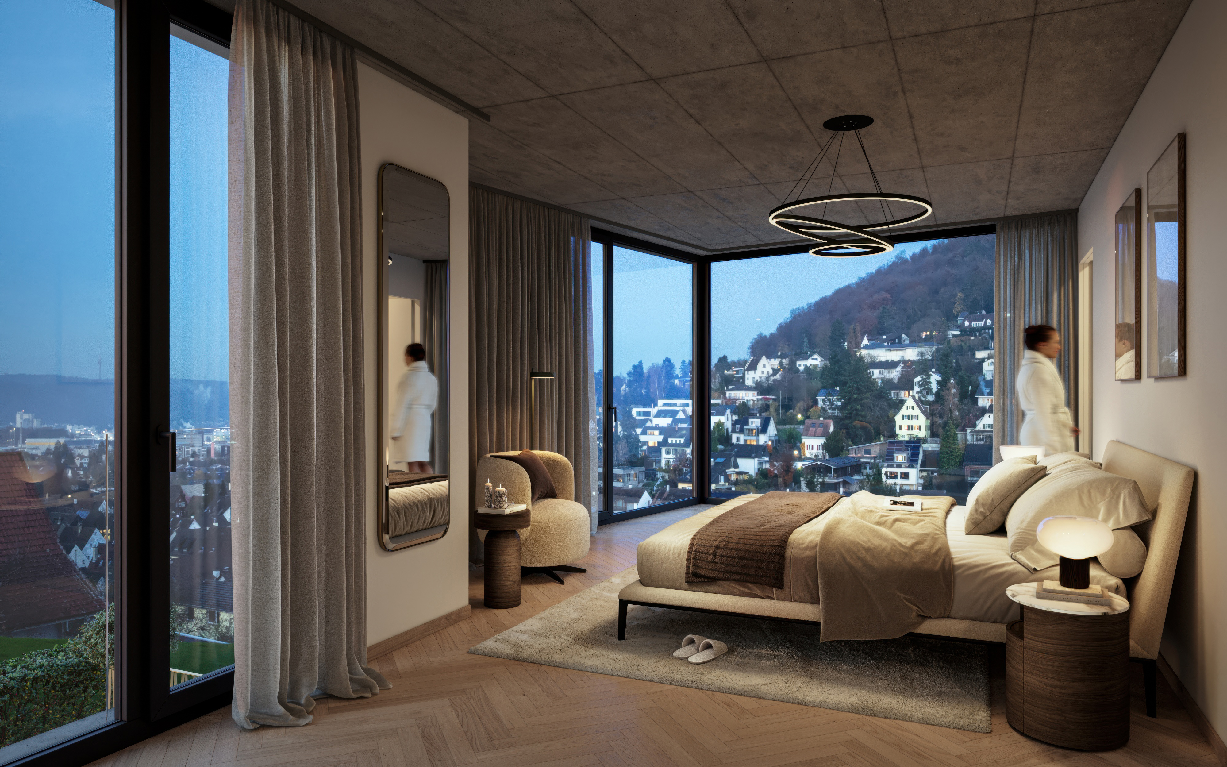 Modernes Schlafzimmer mit Panoramablick
