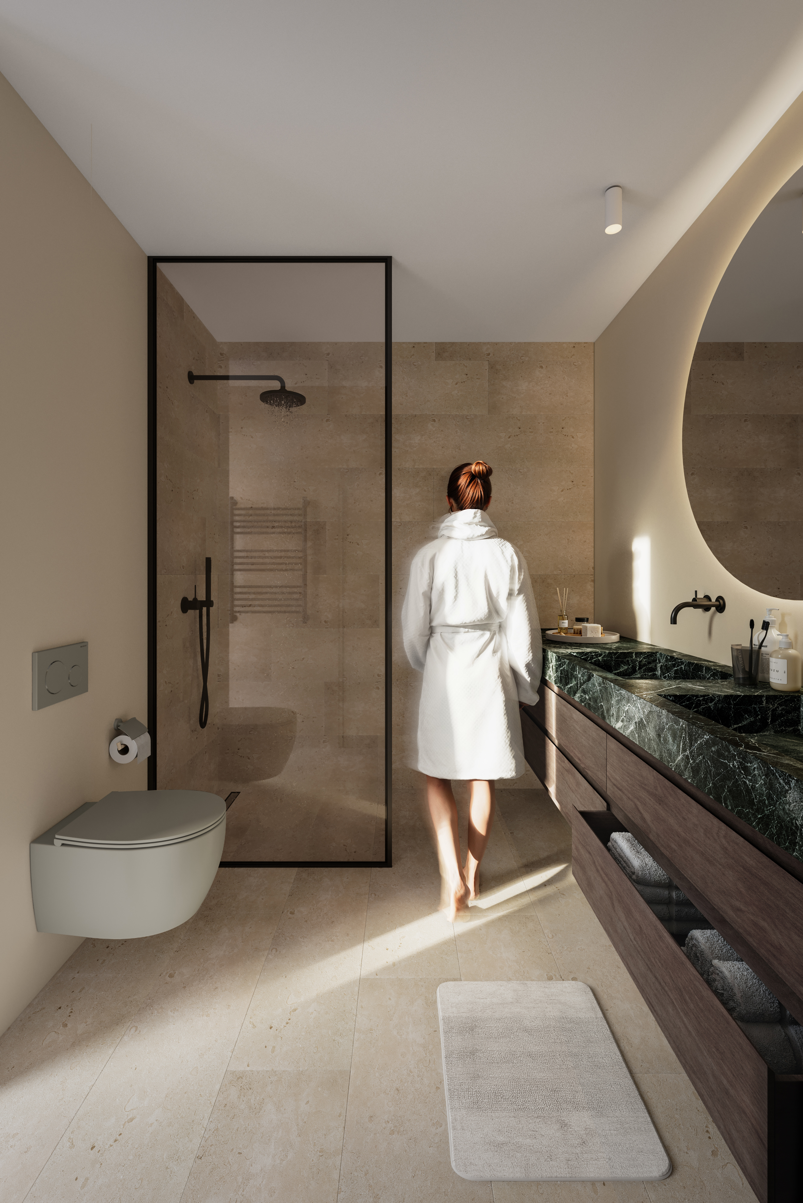 Modernes Badezimmer mit begehbarer Dusche und Natursteinoberflächen