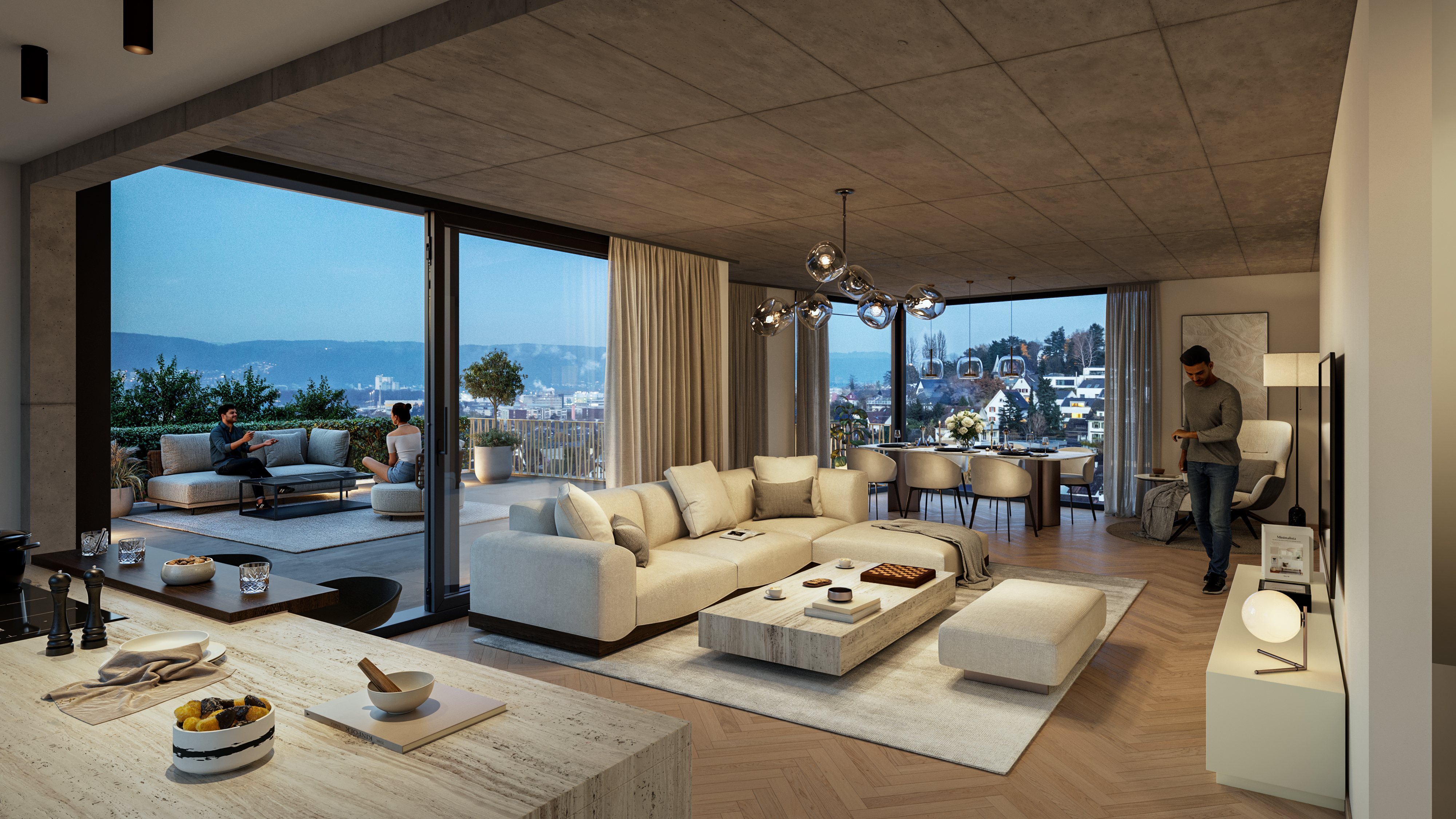 Modernes Wohn-Esszimmer mit großer Terrasse und Panoramablick