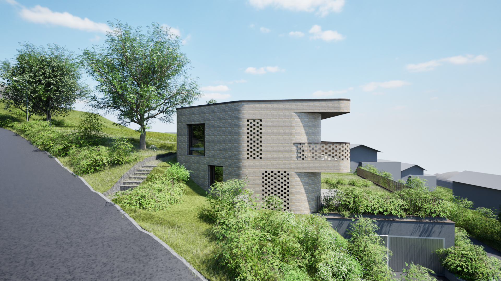 Modernes Hanghaus in grüner Umgebung