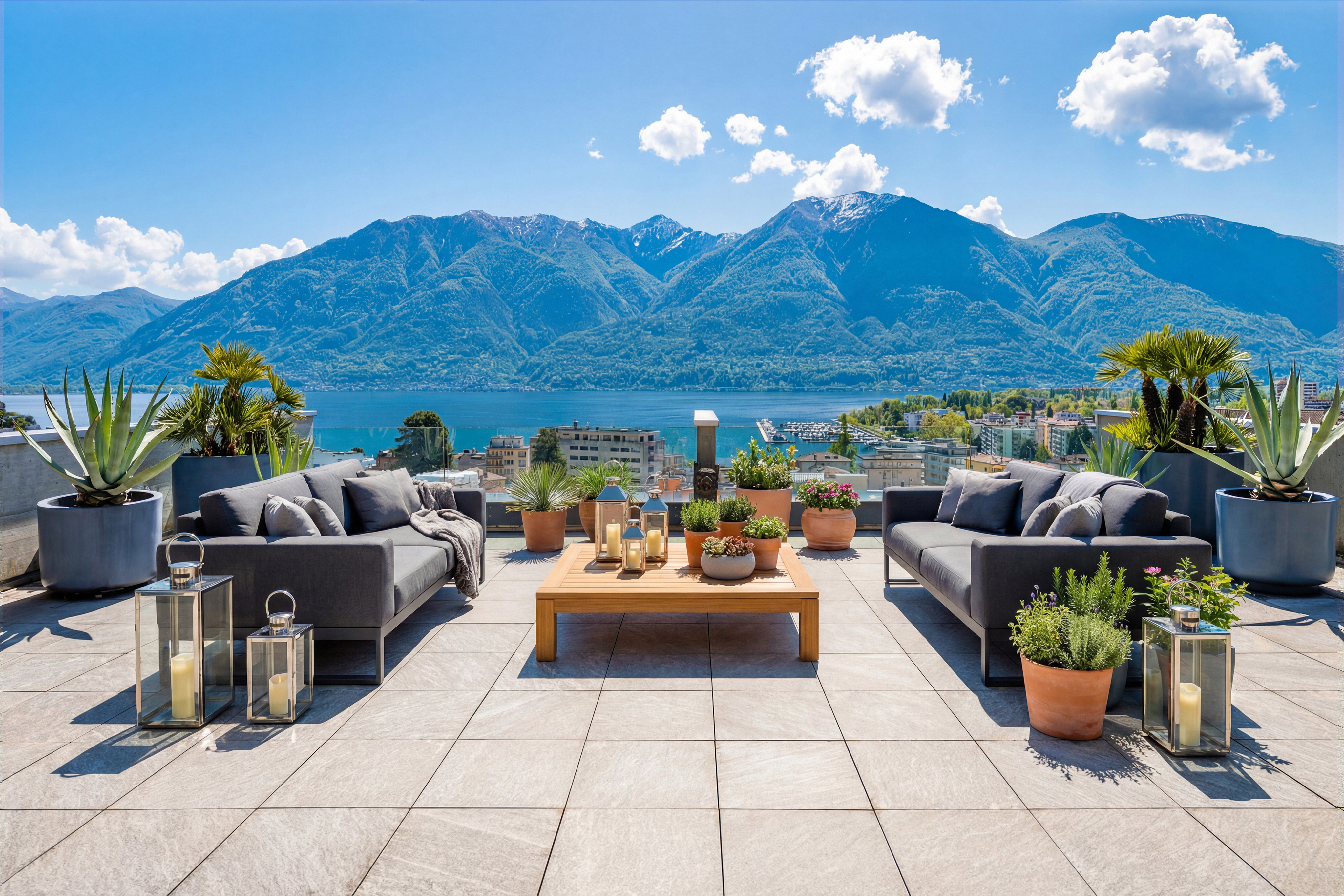 Luxuriöse Dachterrasse mit Berg- und Seeblick