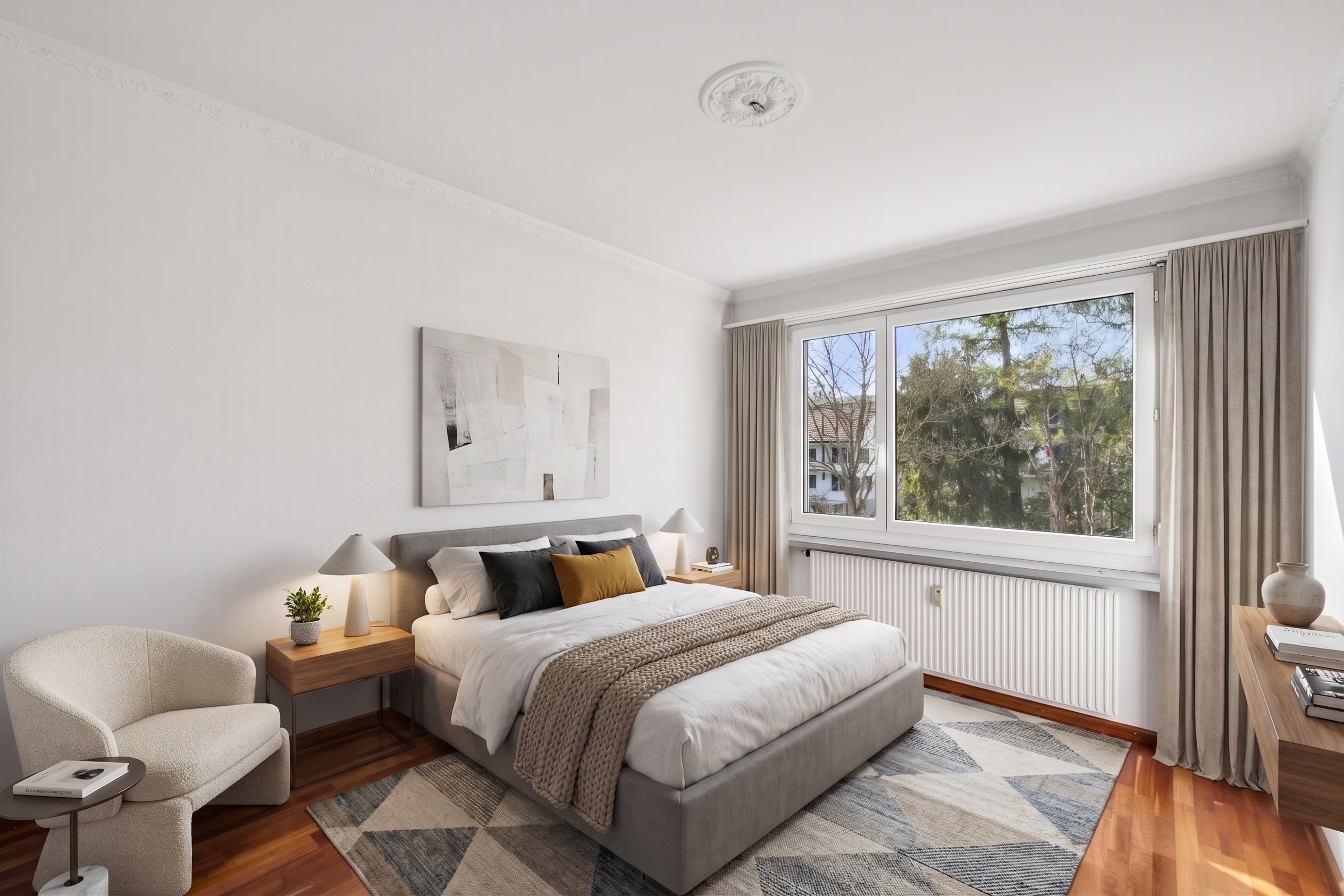 Helles Schlafzimmer mit moderner, ruhiger Einrichtung