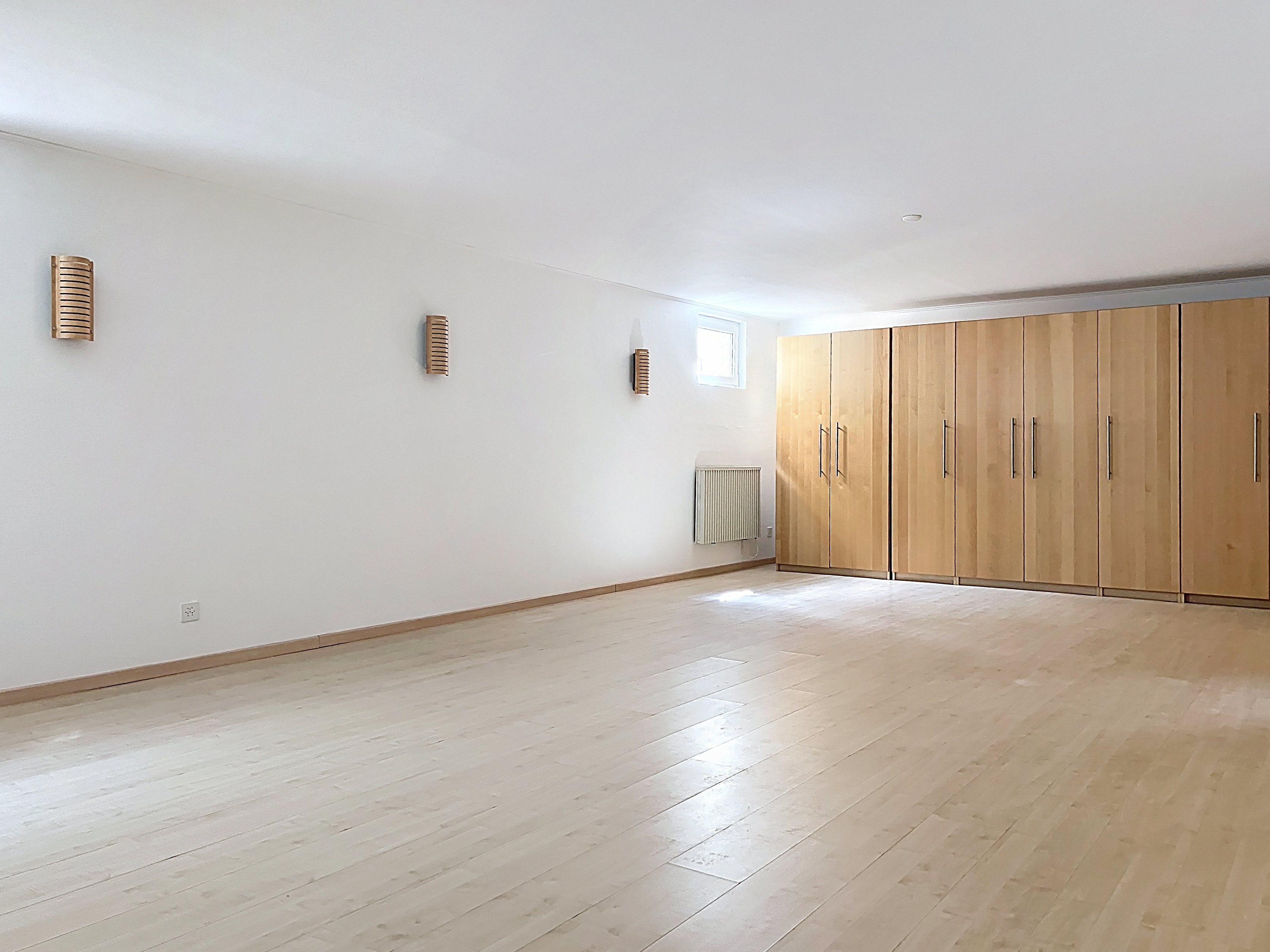 Leerer, heller Dachraum mit Einbauschrank